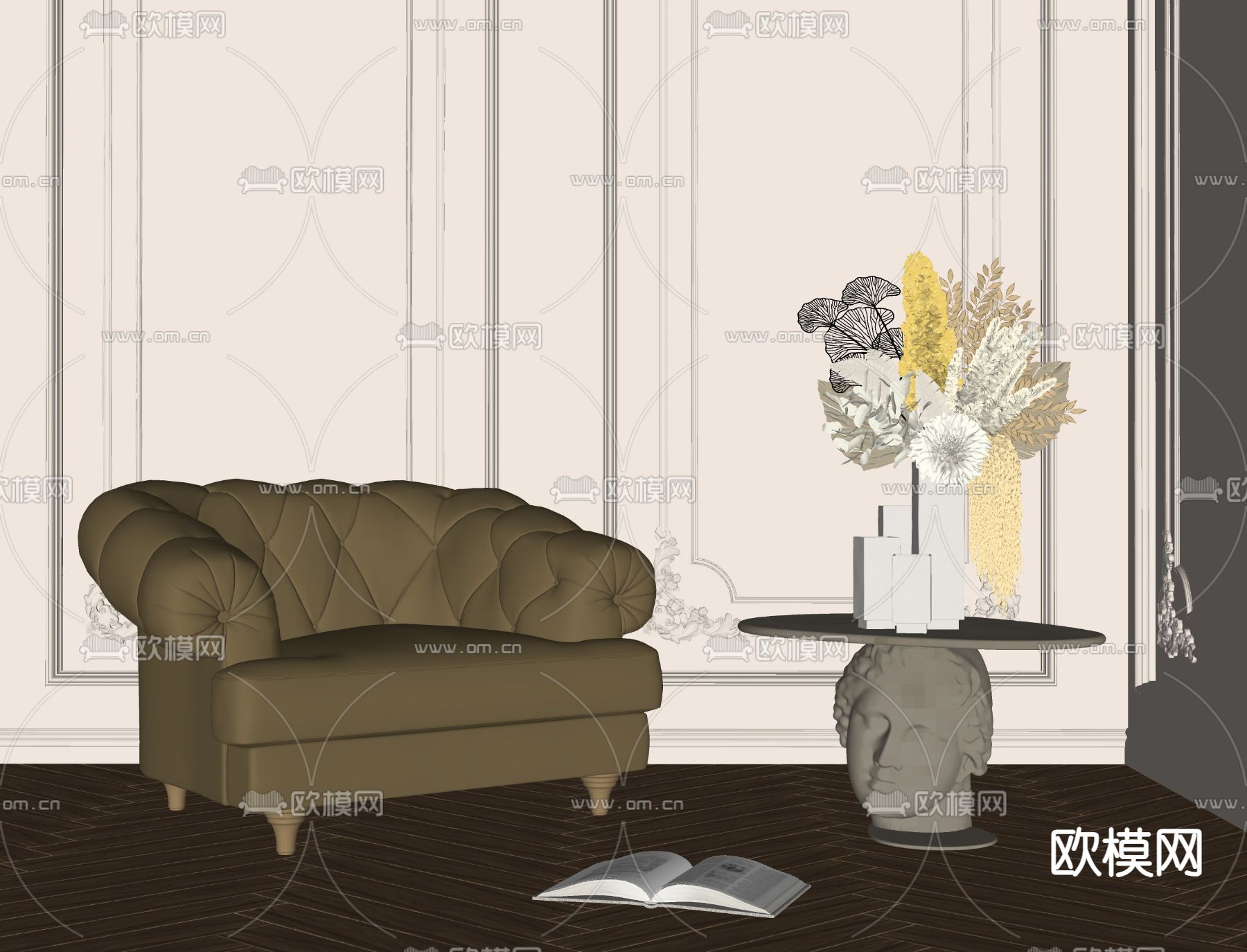 简欧单人沙发su模型下载（渲染图1）