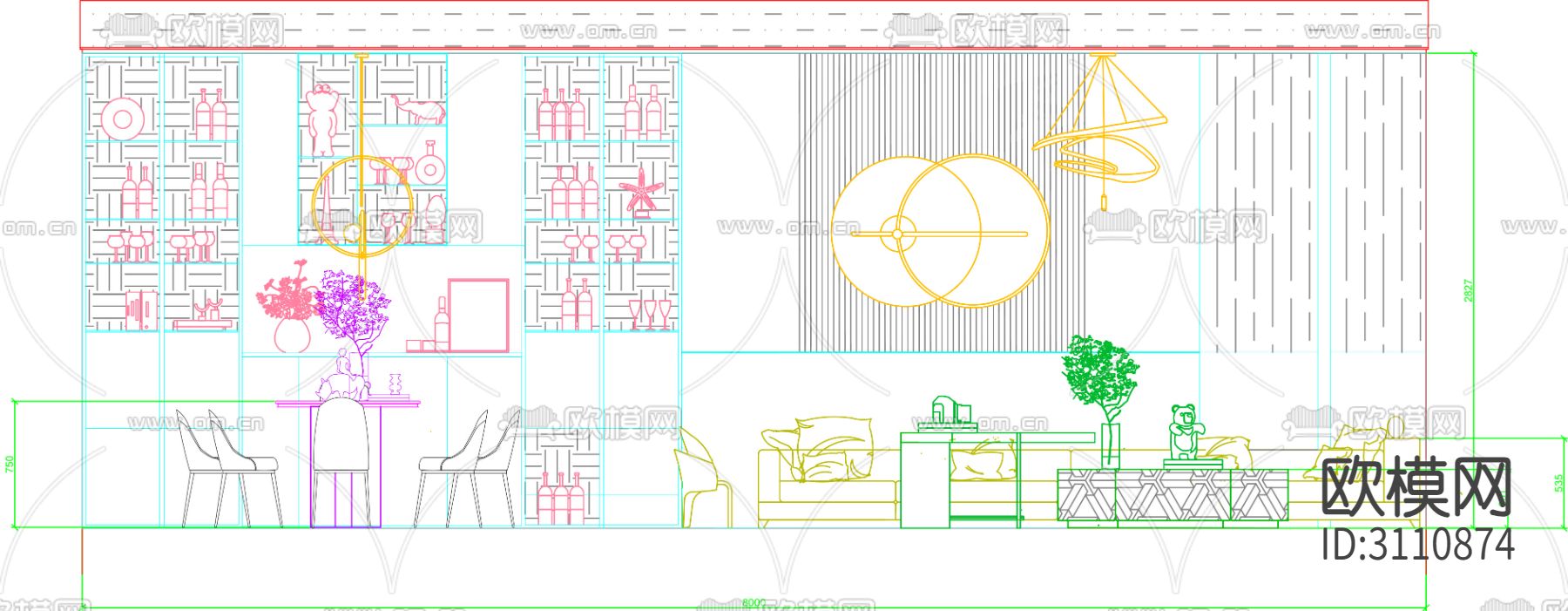 室内家装 客餐厅cad立面图下载（渲染图1）