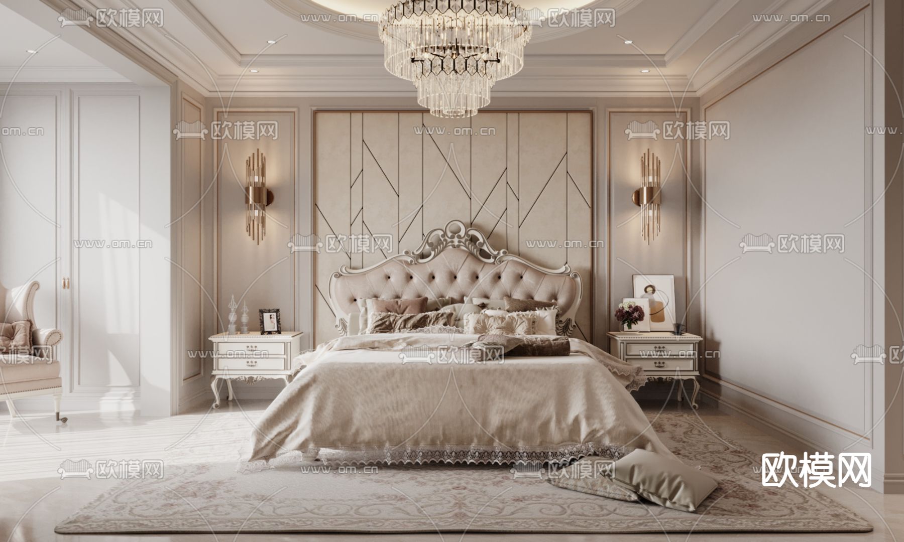 欧式卧室 主卧 主人房su模型下载（渲染图2）
