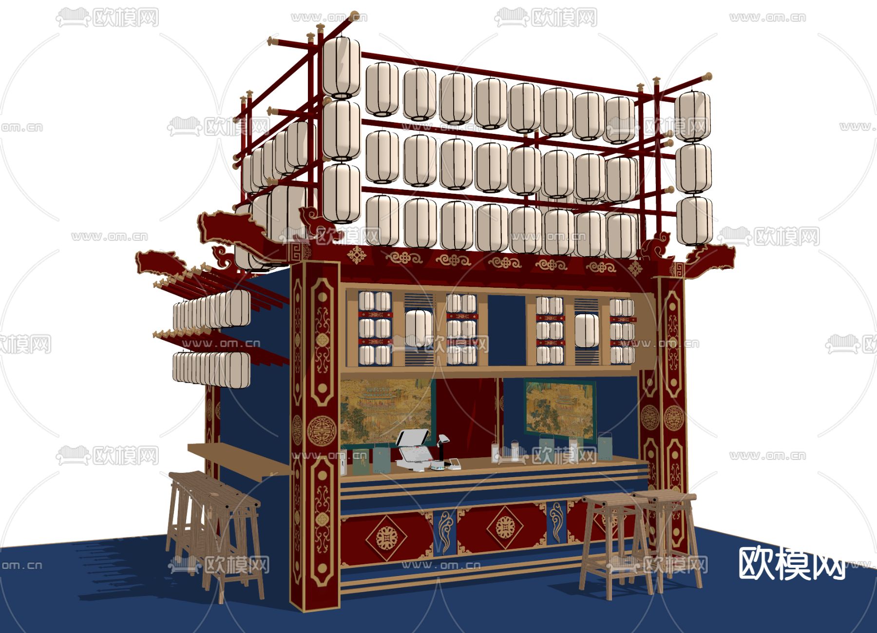 新中式 门头商铺 明档 花车su模型下载（渲染图2）