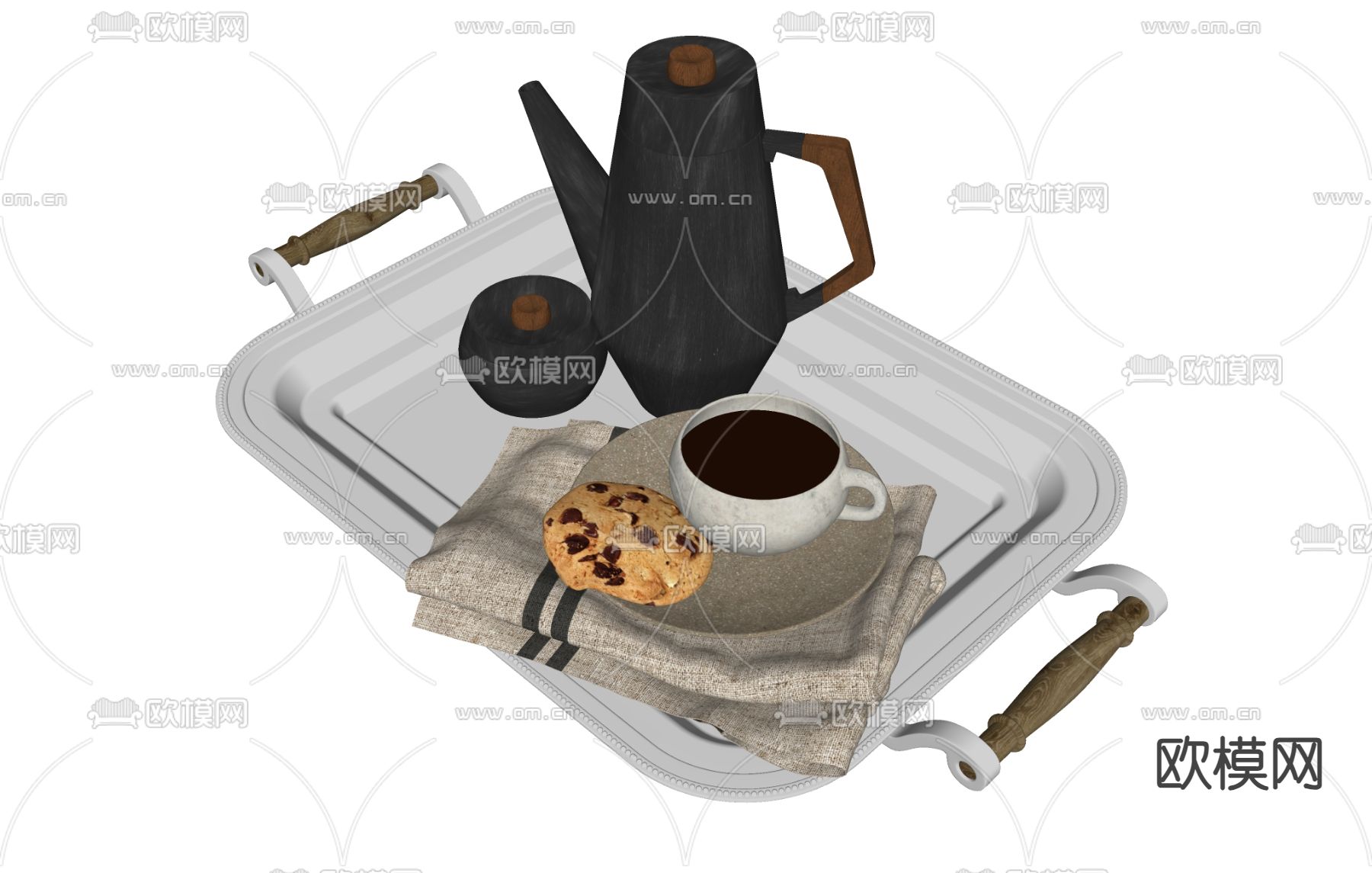 茶具美食 咖啡杯 饼干 咖啡壶 抹布su模型下载（渲染图1）