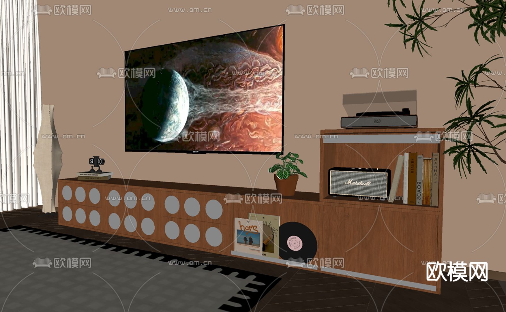 中古风电视柜su模型下载（渲染图1）