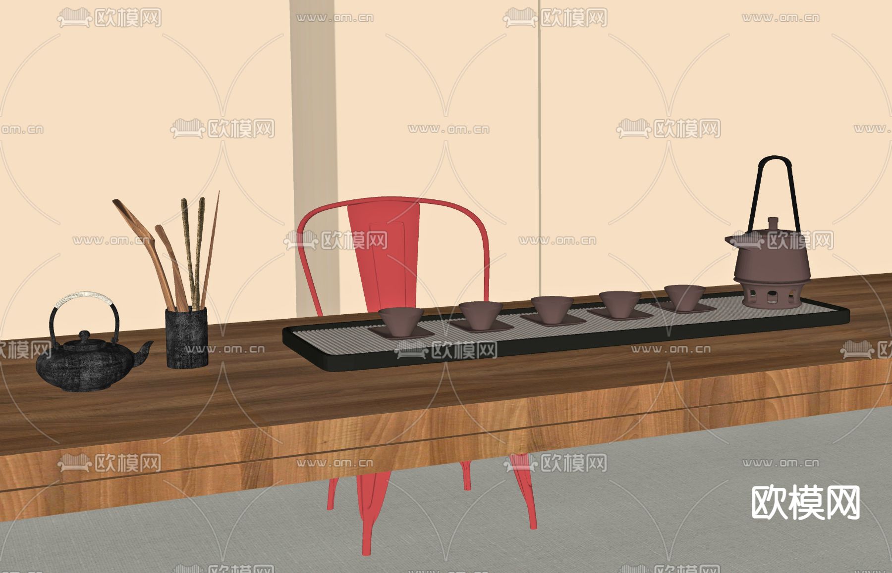 现代茶具 茶杯 茶壶su模型下载（渲染图1）