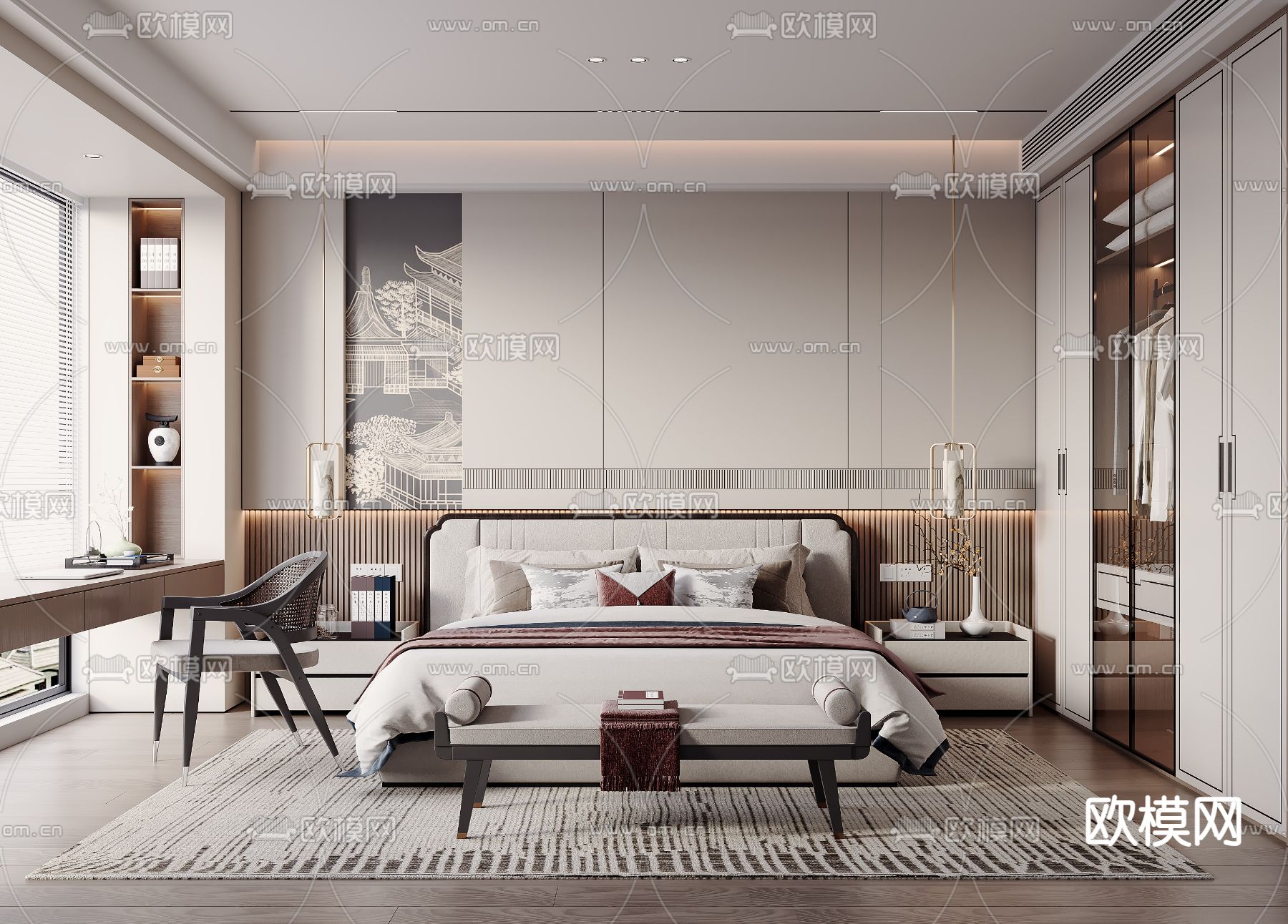 新中式卧室 主卧 主人房su模型下载（渲染图2）