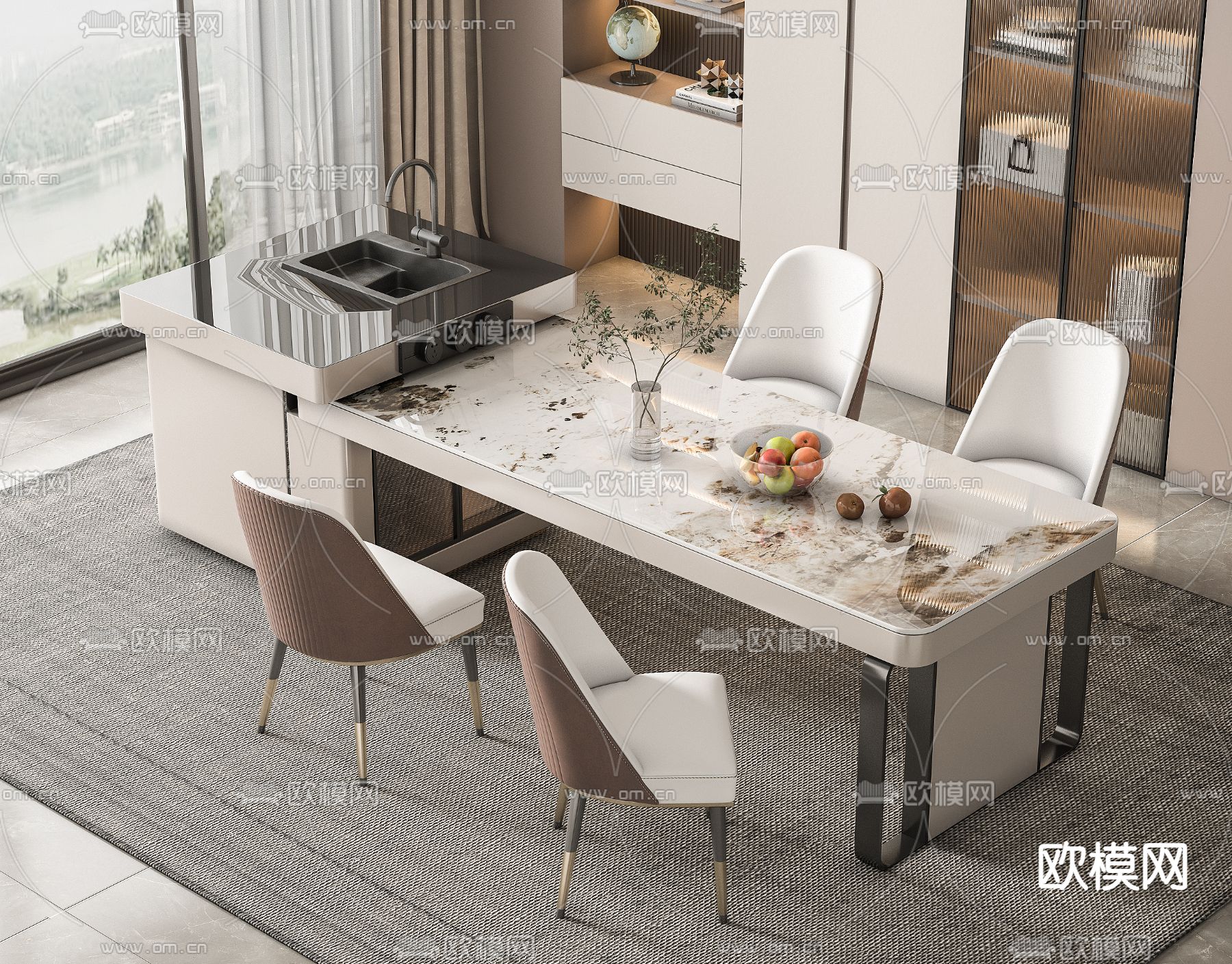 岛台餐桌椅3d模型下载