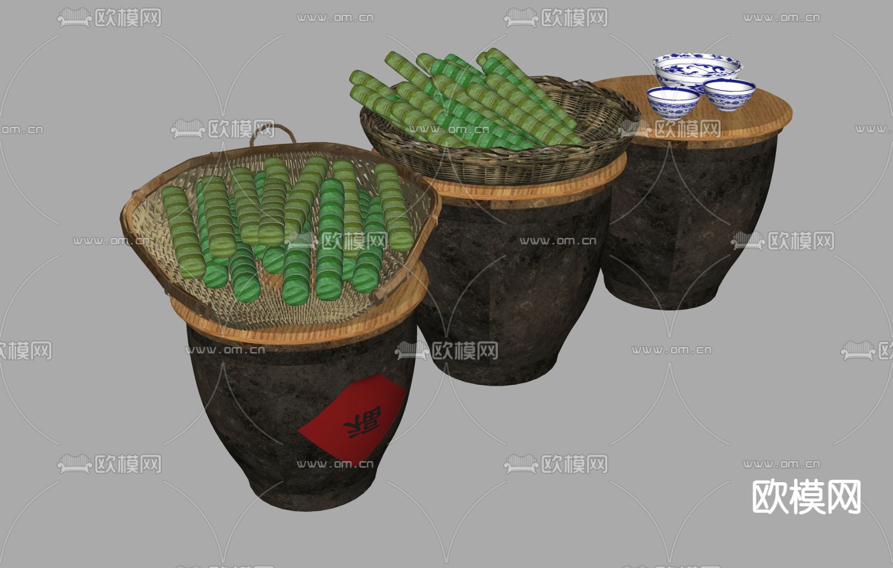 水缸 陶缸 食物 粽子 碗 糍粑su模型下载（渲染图1）