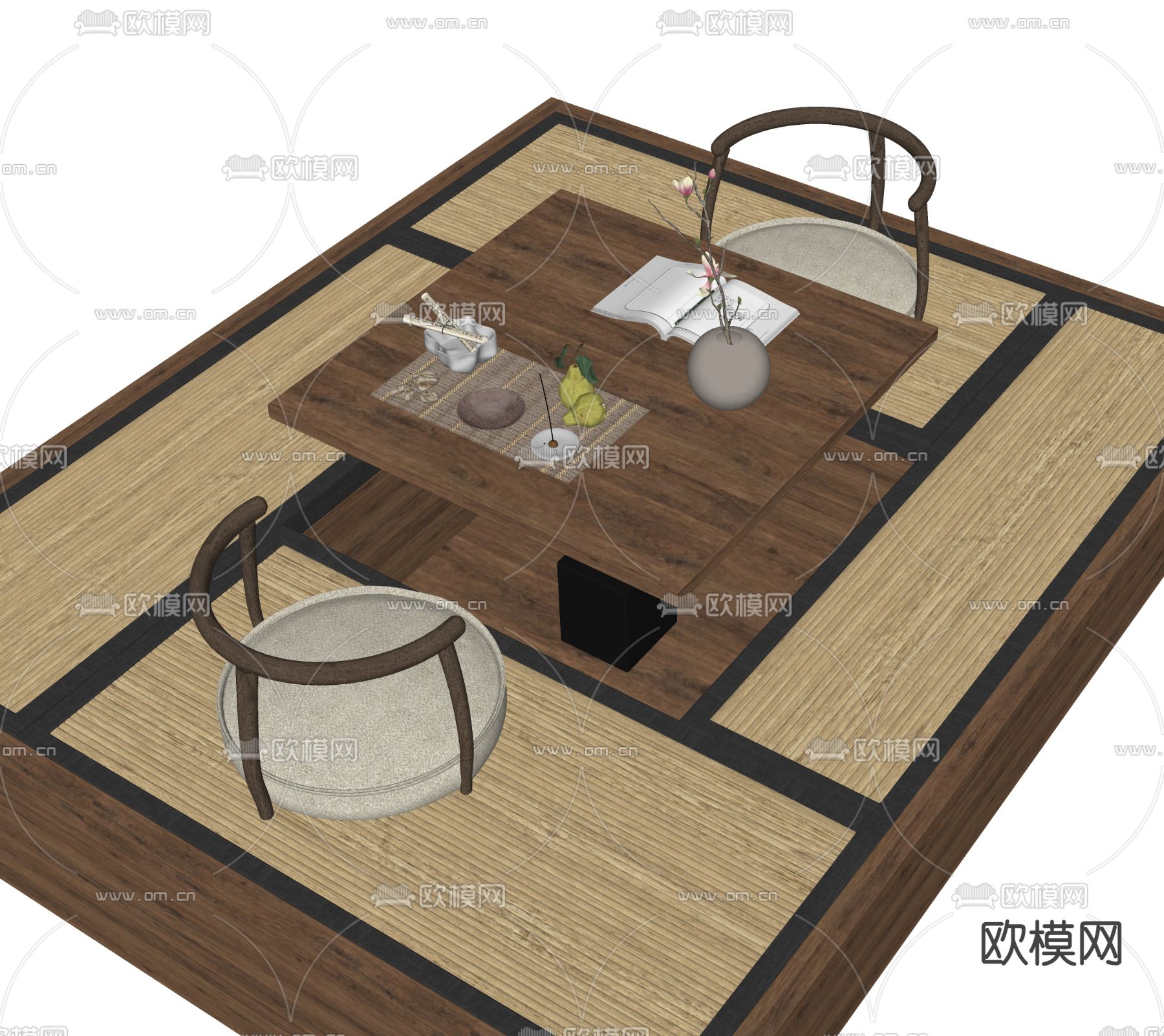日式茶桌椅su模型下载（渲染图1）