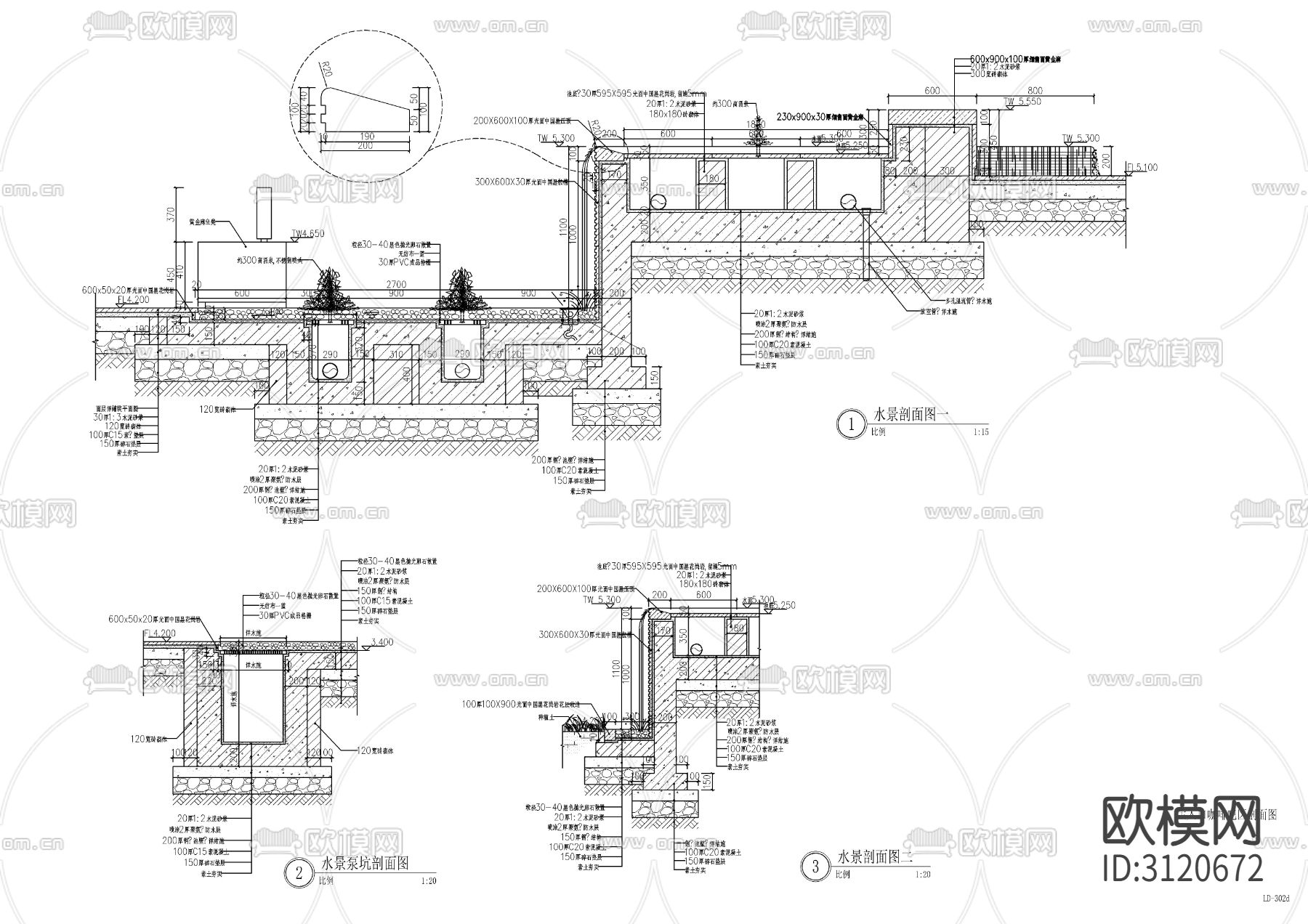 12套现代新中式涌泉水景cad大样图下载（渲染图10）