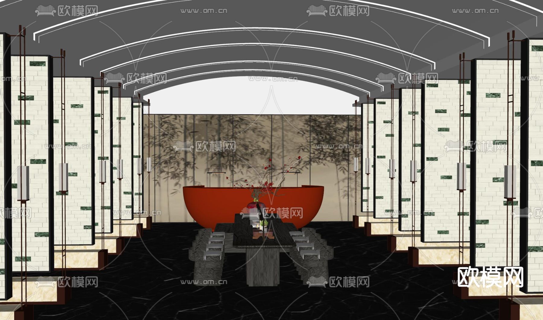 新中式 酒店前台 大堂su模型下载（渲染图2）