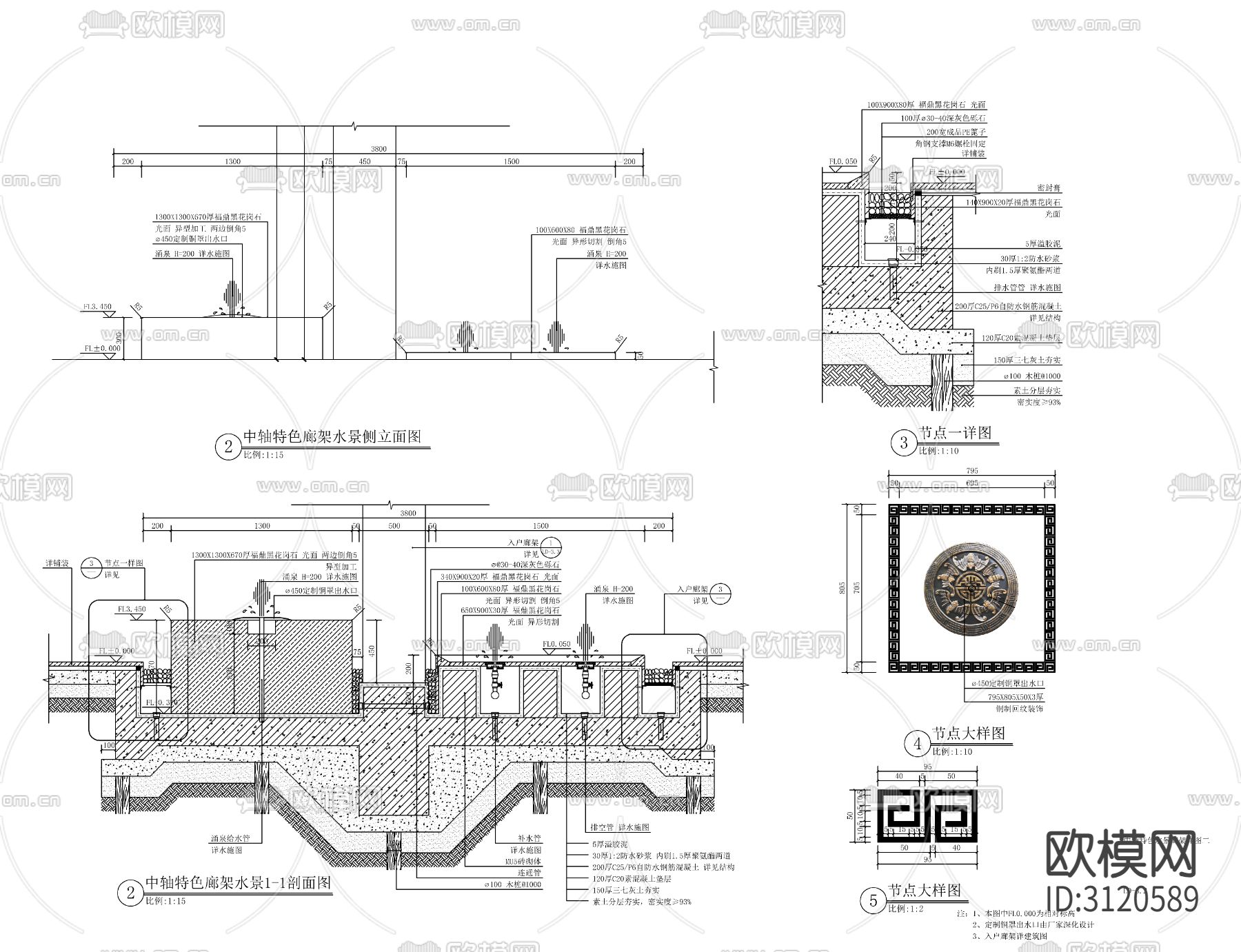 9组现代跌水水景cad大样图下载（渲染图1）