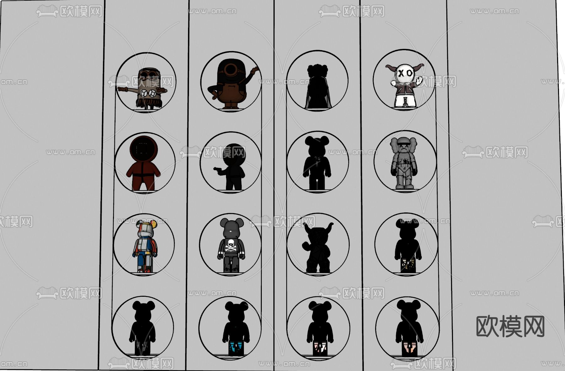 现代玩具 公仔熊 手办 手办墙su模型下载（渲染图2）