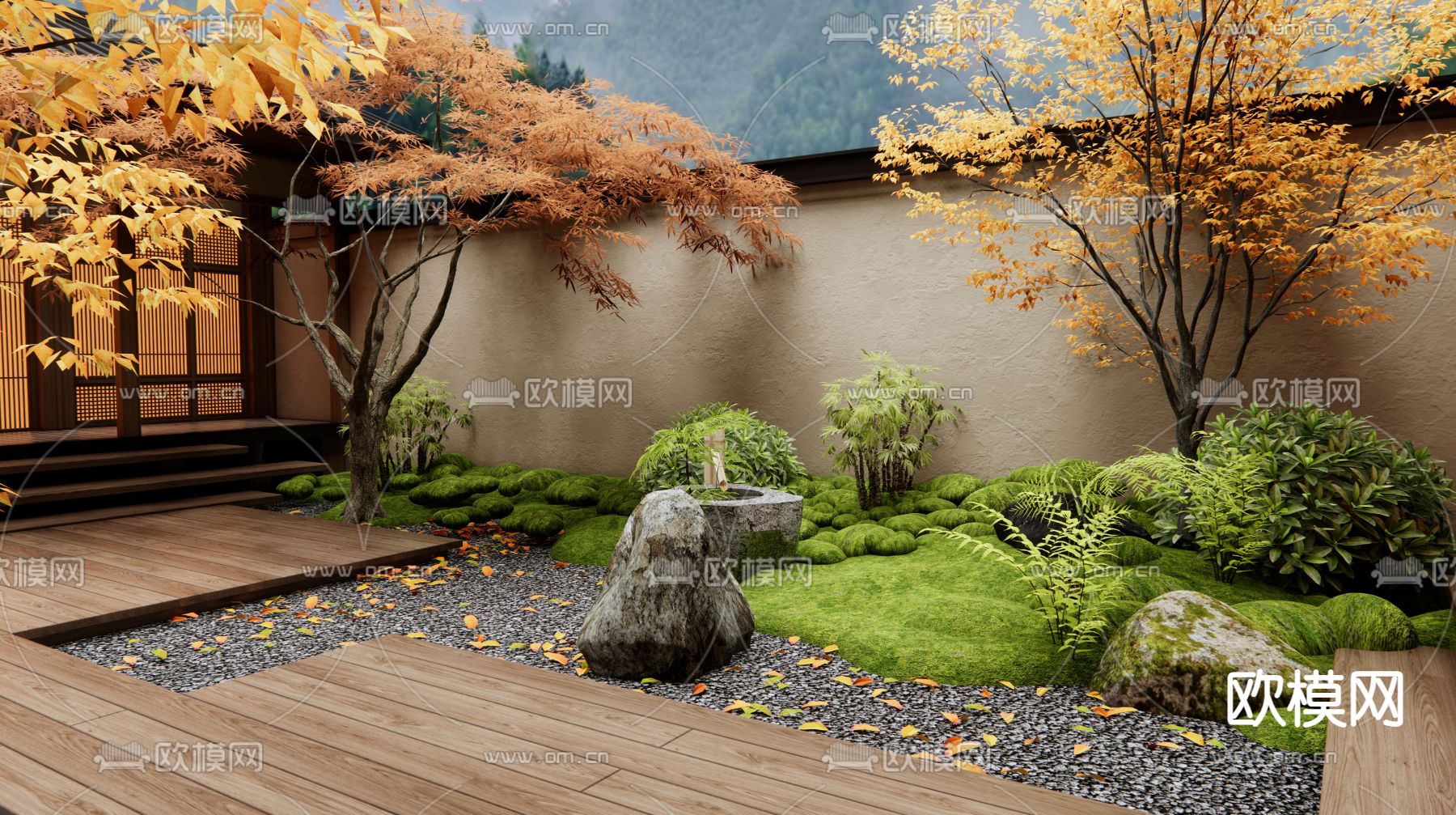 新中式禅意庭院 花园景观3d模型下载（渲染图2）