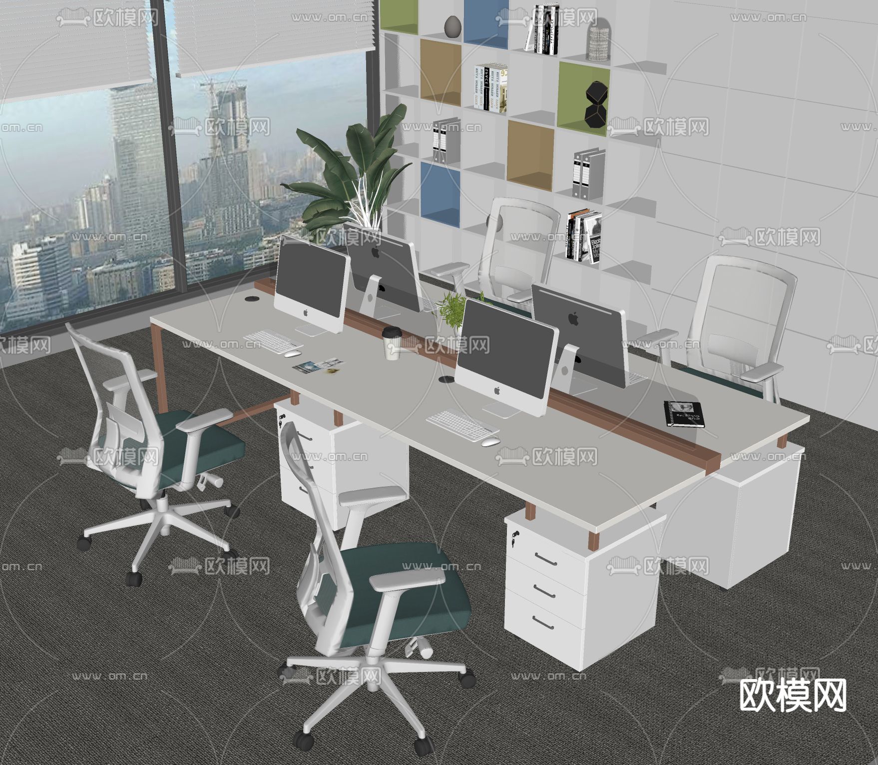 卡位办公桌 办公室su模型下载（渲染图2）