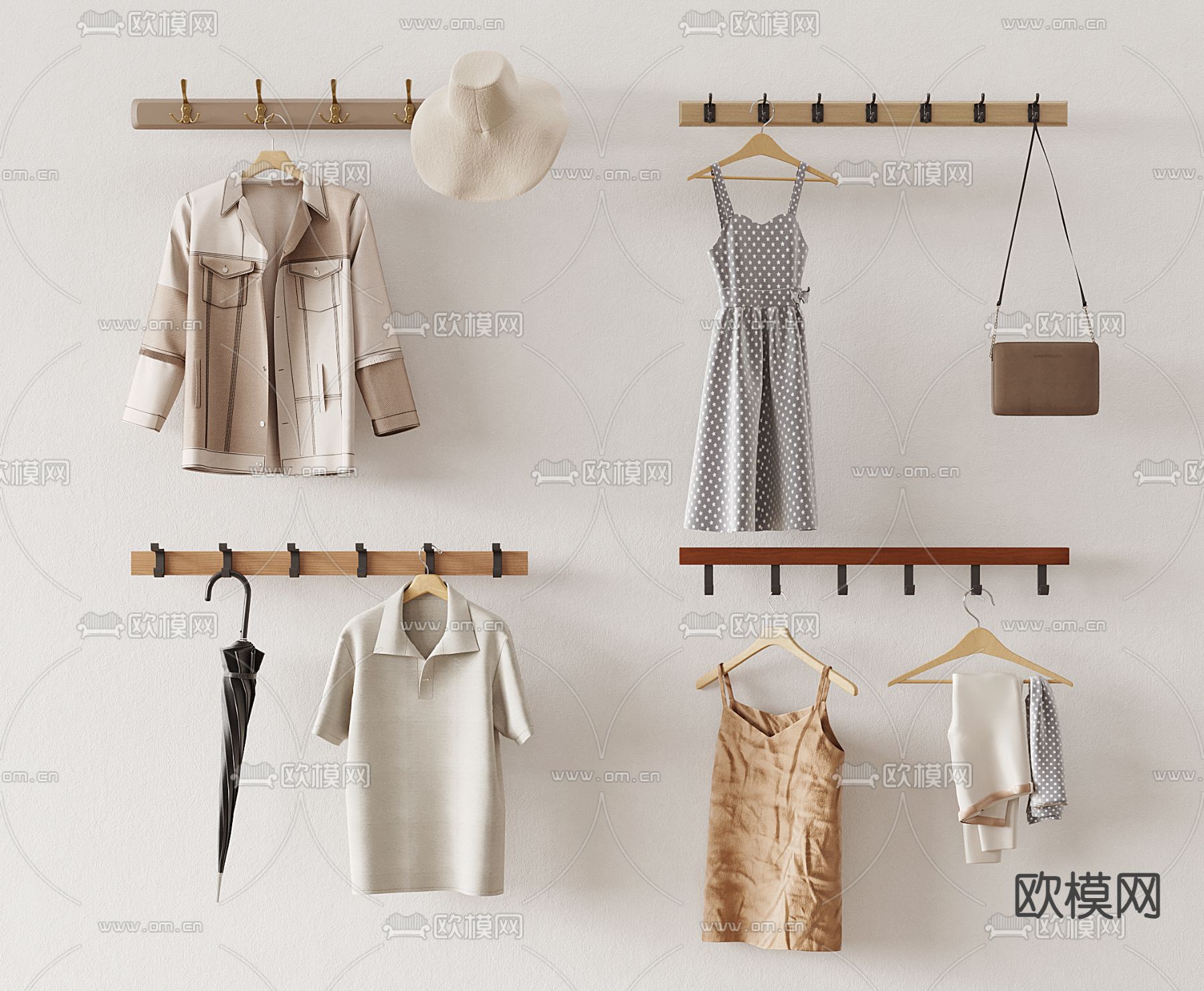 现代衣服挂钩 挂衣钩 衣服 包包 雨伞su模型下载（渲染图2）