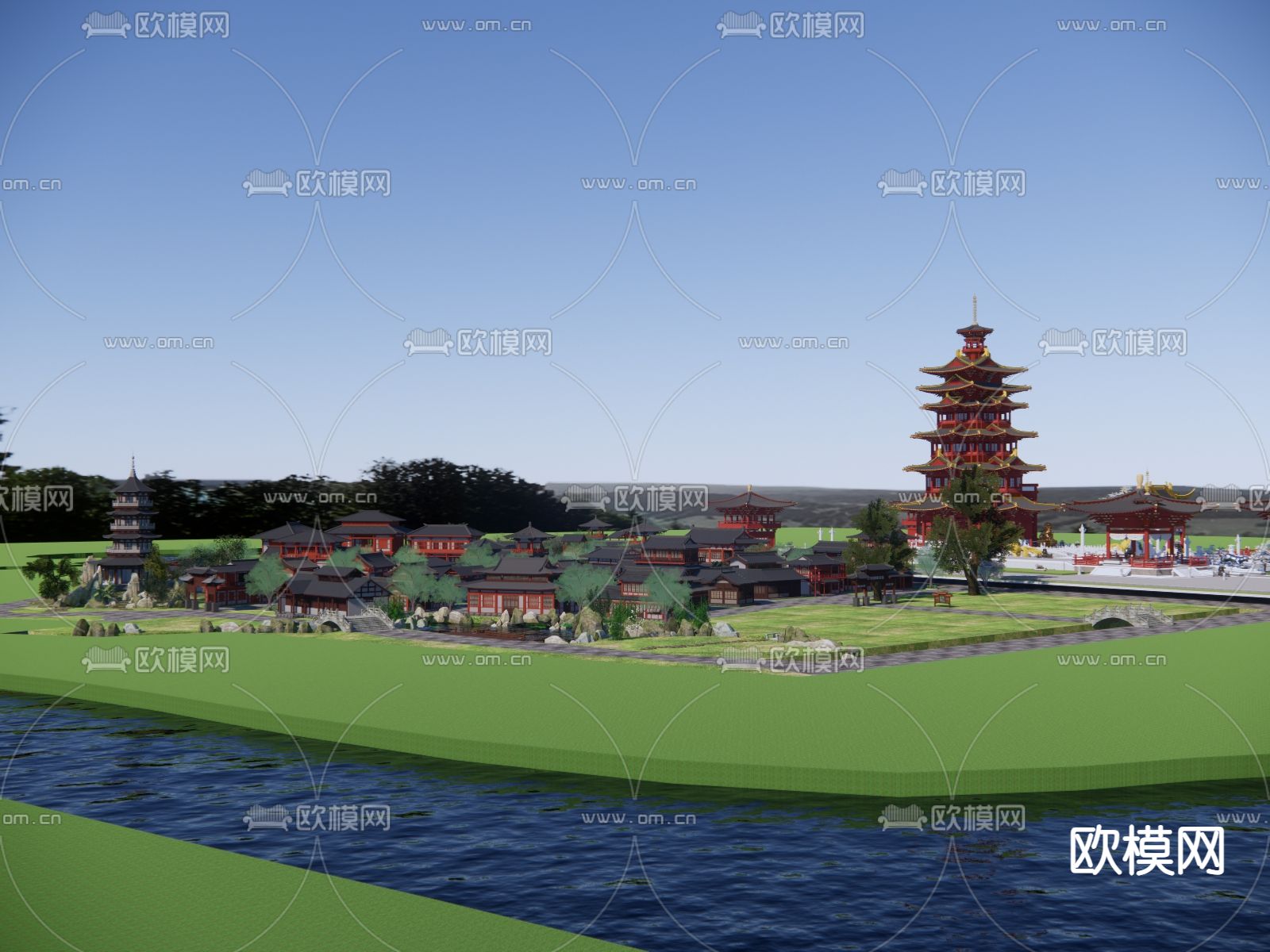 中式古建筑群su模型下载（渲染图4）