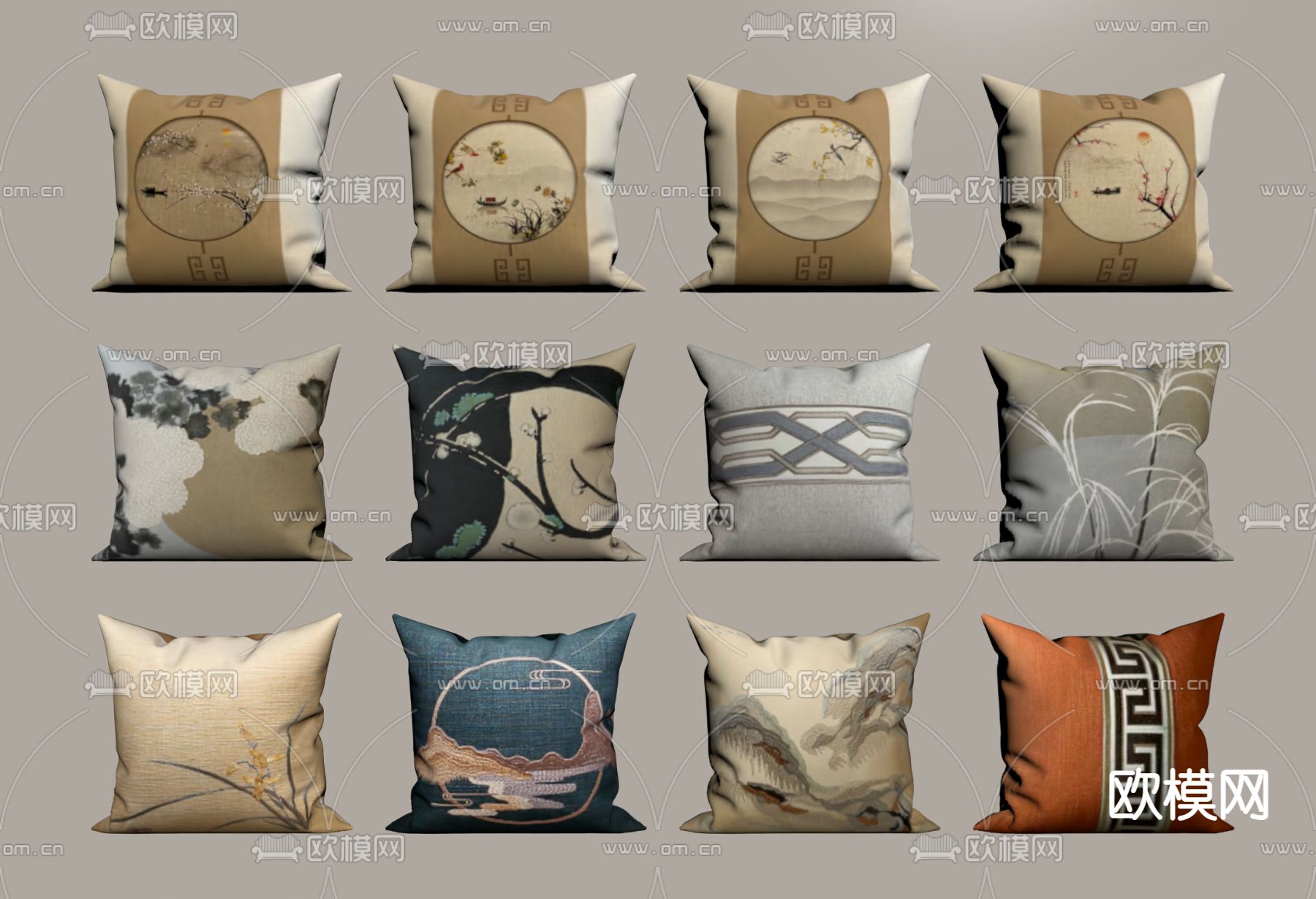 新中式抱枕su模型下载（渲染图1）