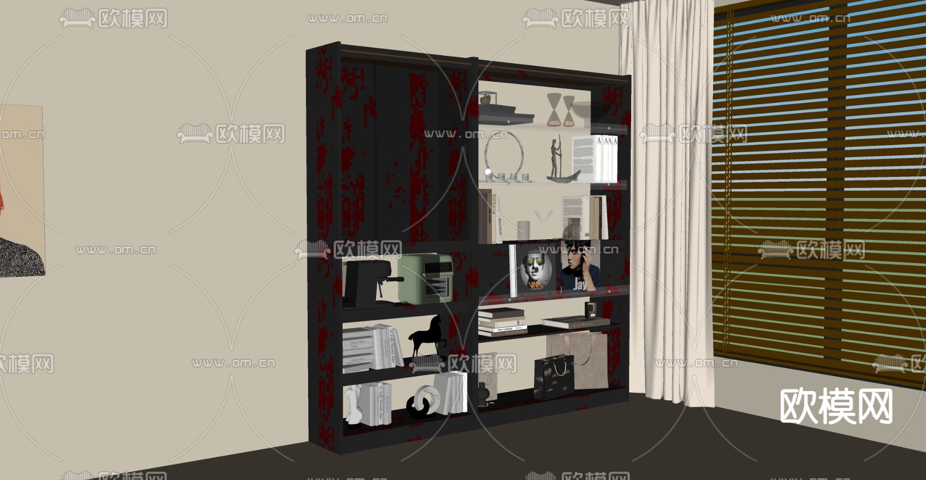 现代胡桃木书柜 书架su模型下载（渲染图1）