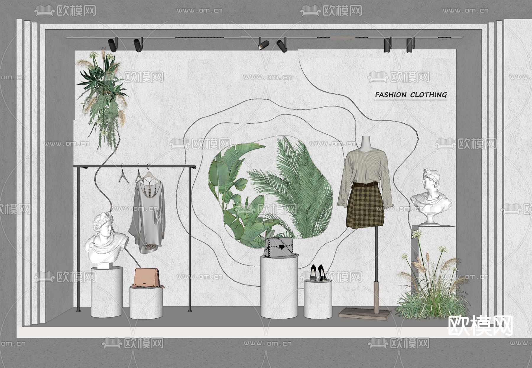 现代服装店橱窗 植物背景墙 服装货架su模型下载（渲染图1）