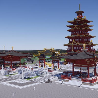  中式古建筑群su模型 