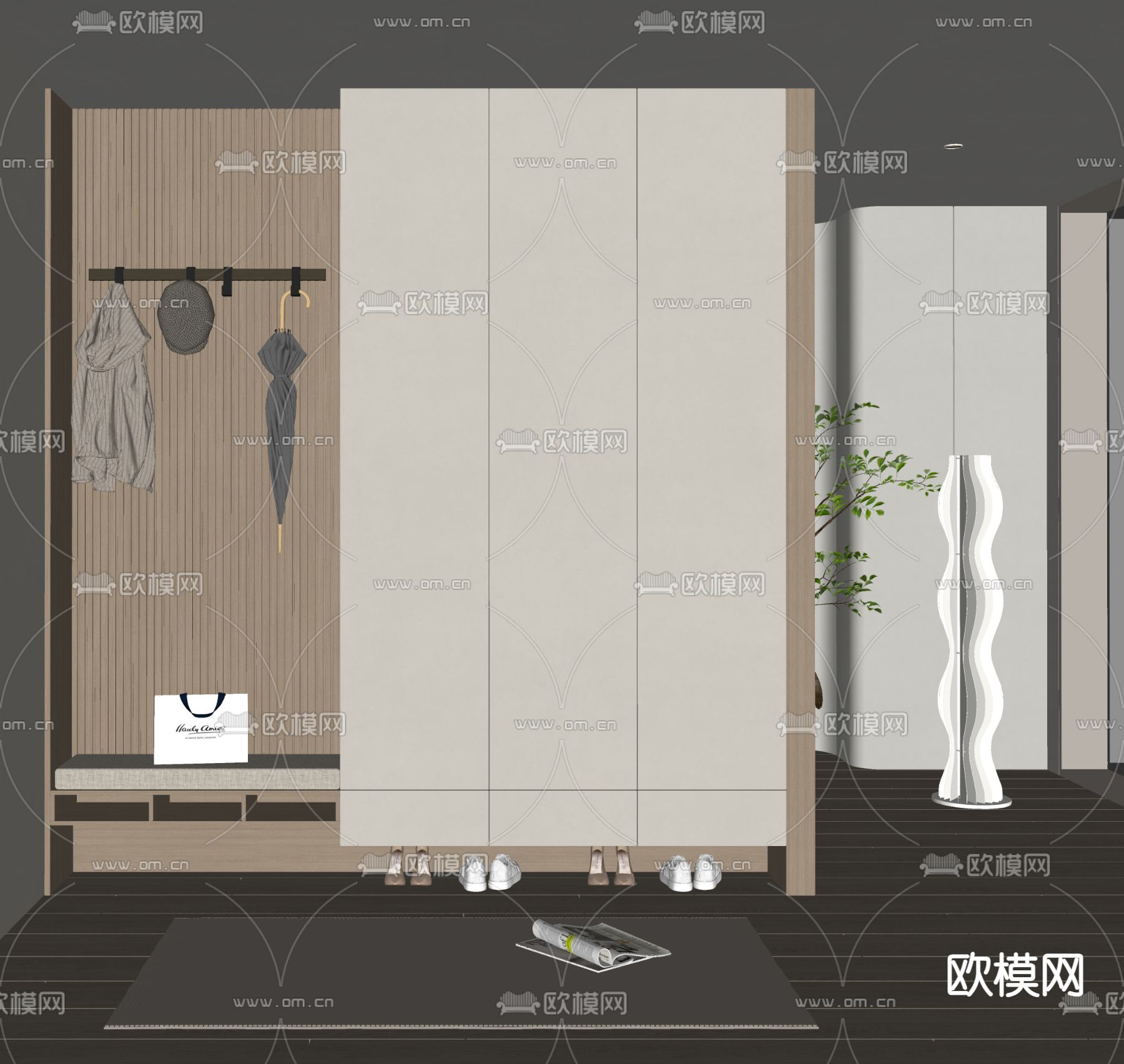 奶油风鞋柜su模型下载（渲染图1）