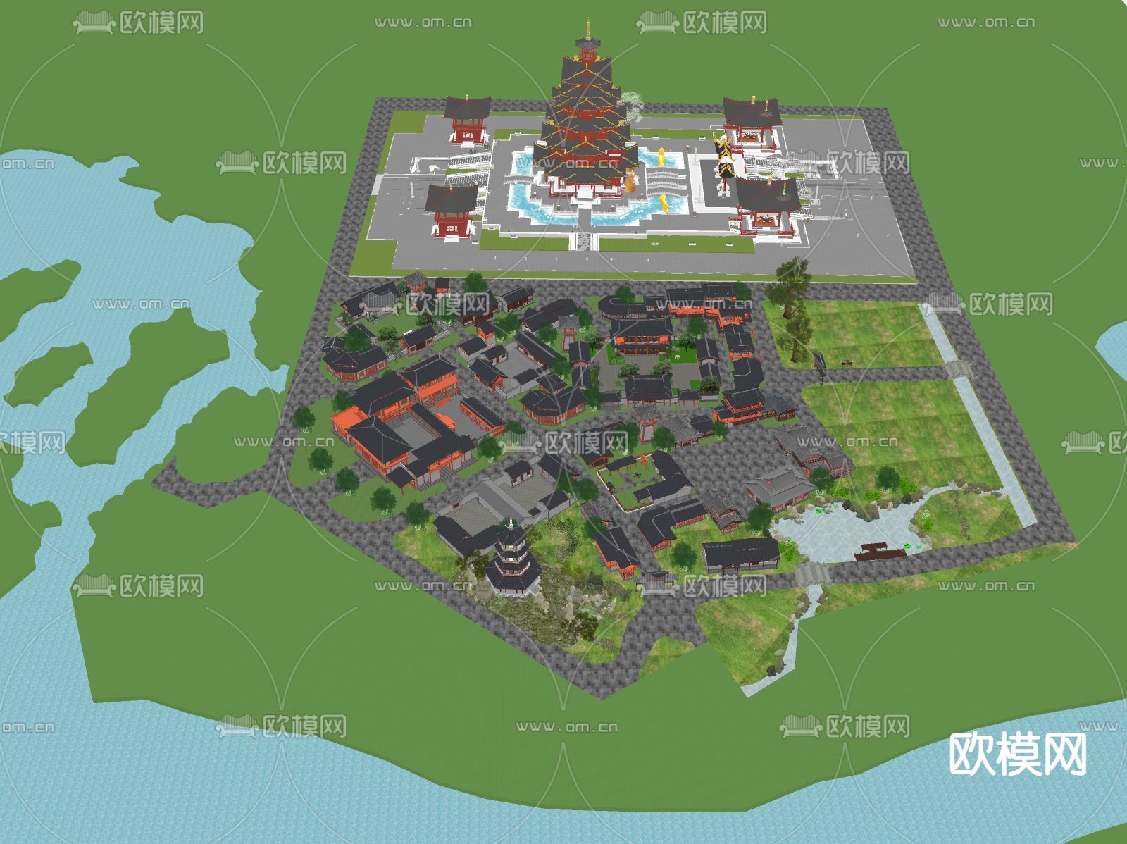 中式古建筑群su模型下载（渲染图1）