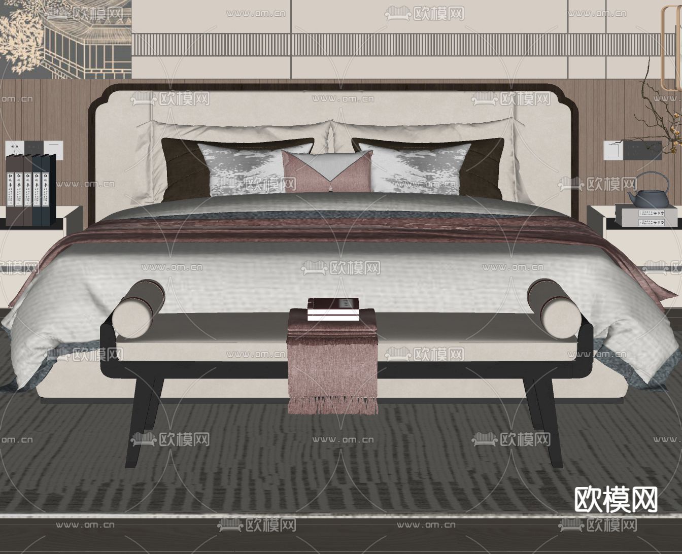 新中式双人床su模型下载（渲染图1）