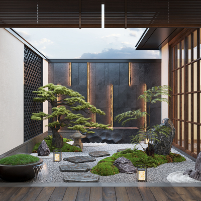  禅意天井庭院 景观小品su模型 