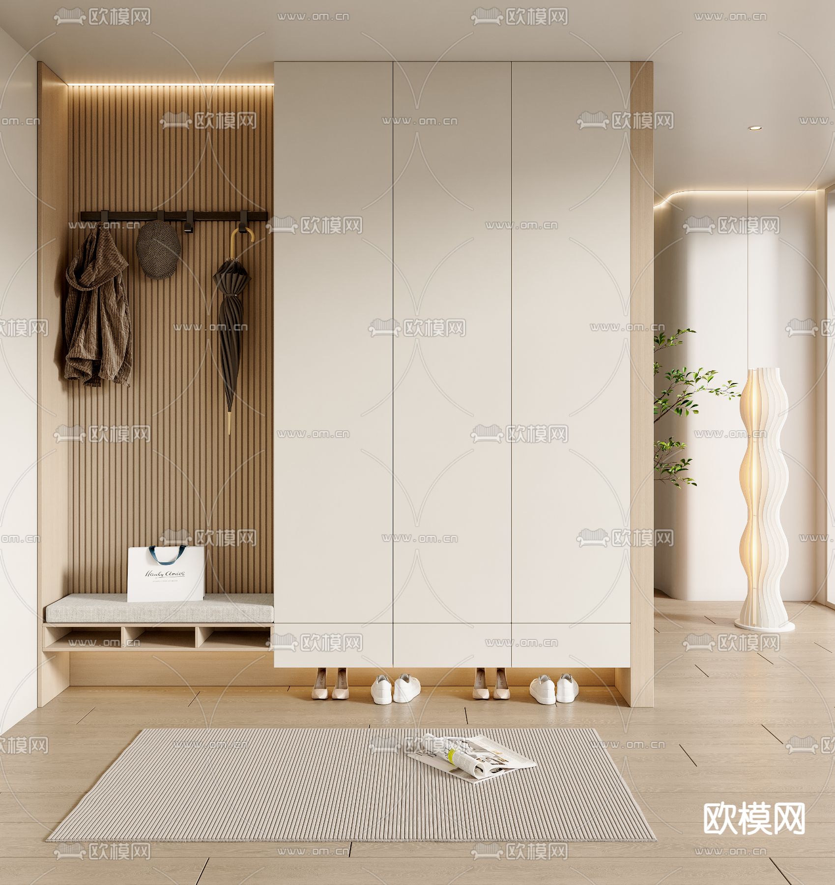 奶油风鞋柜su模型下载（渲染图2）