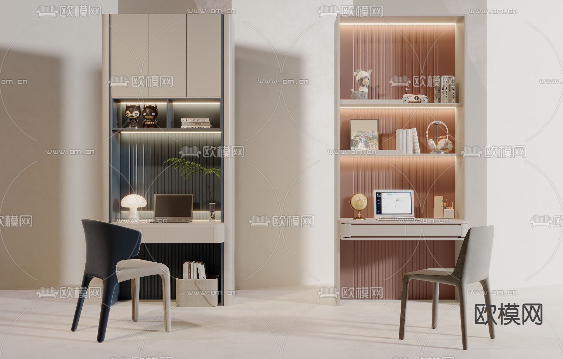 儿童书桌 写字台 学习桌 一体3d模型下载（渲染图1）