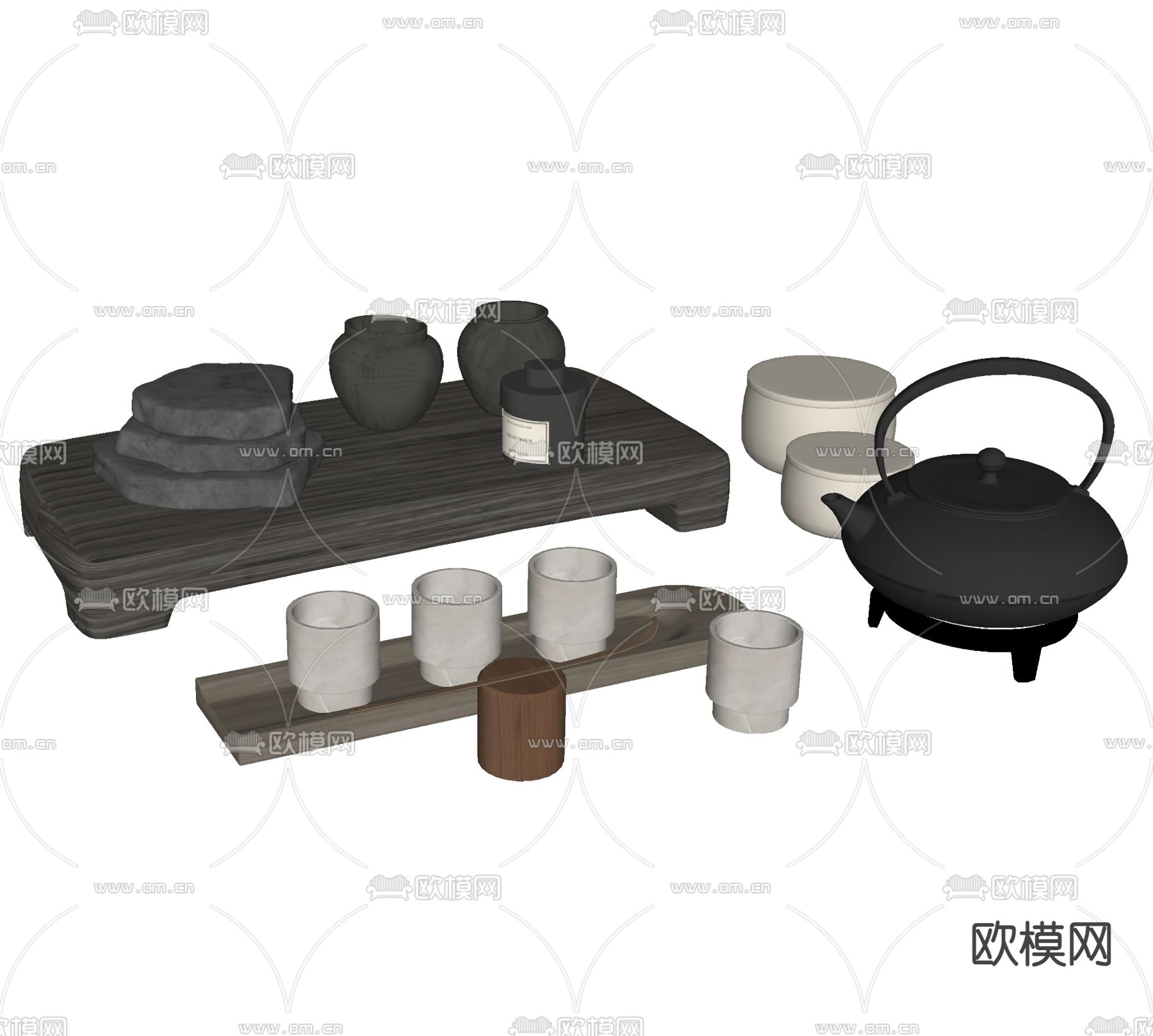 新中式茶具 茶壶 水杯su模型下载（渲染图1）