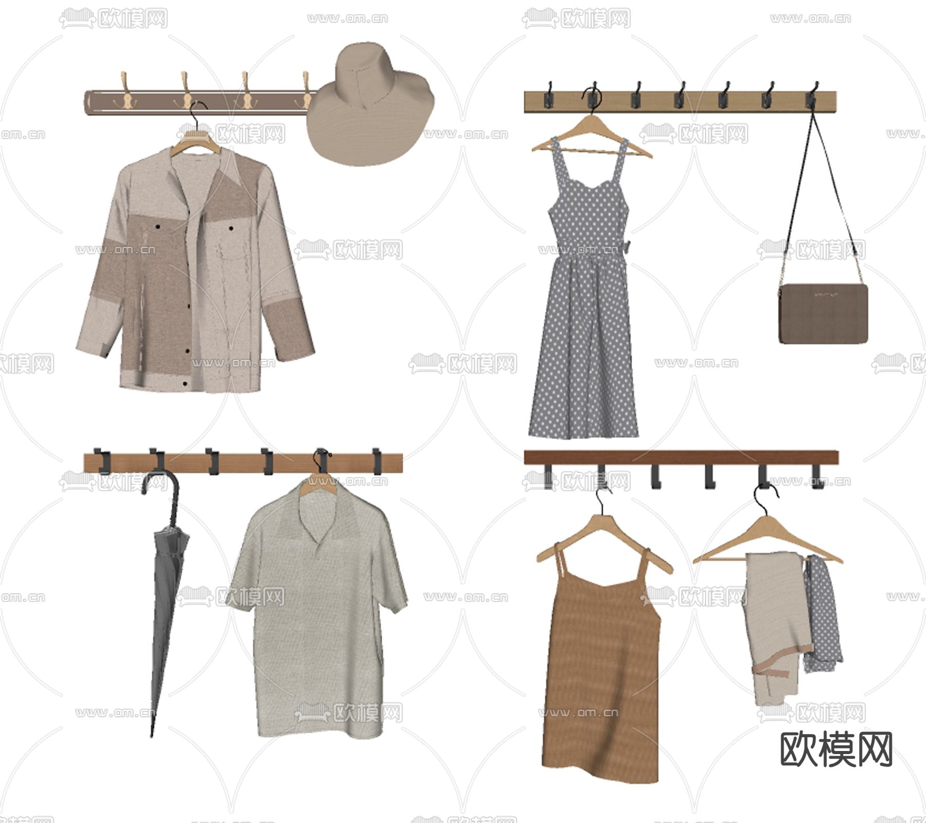 现代衣服挂钩 挂衣钩 衣服 包包 雨伞su模型下载（渲染图1）