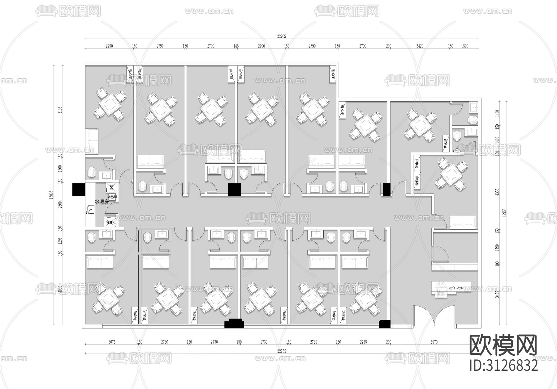 麻将馆 棋牌室cad平面图下载（渲染图1）