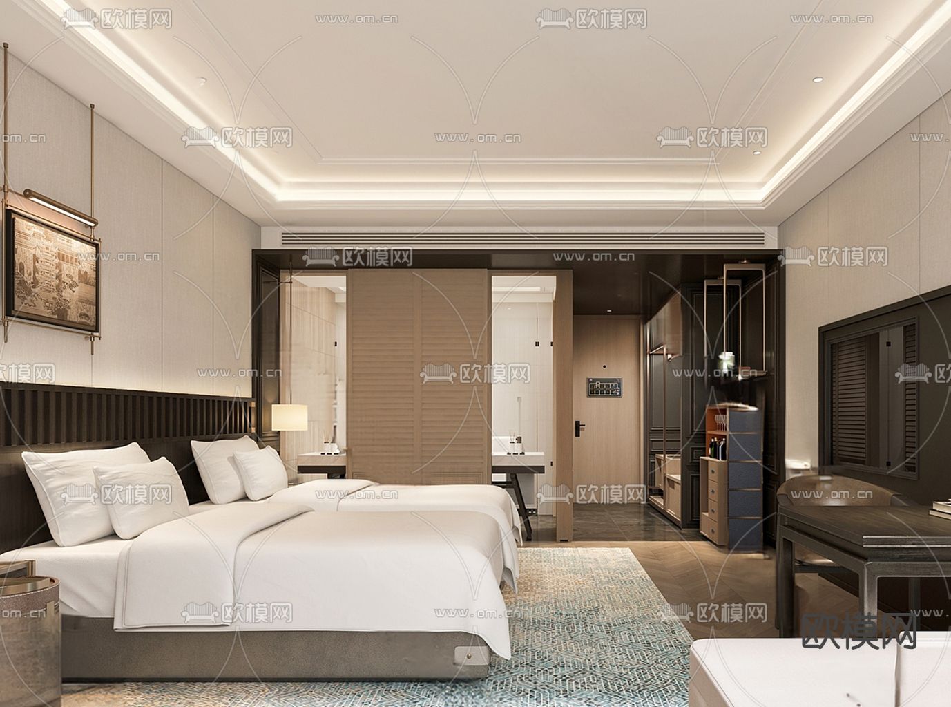 美式酒店客房su模型下载（渲染图2）