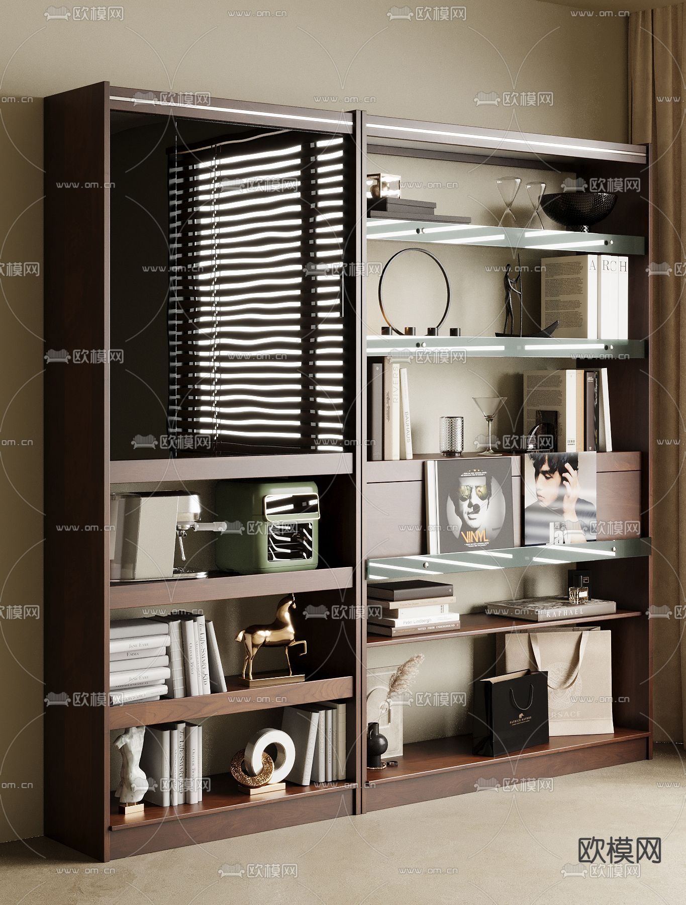 现代胡桃木书柜 书架su模型下载（渲染图4）