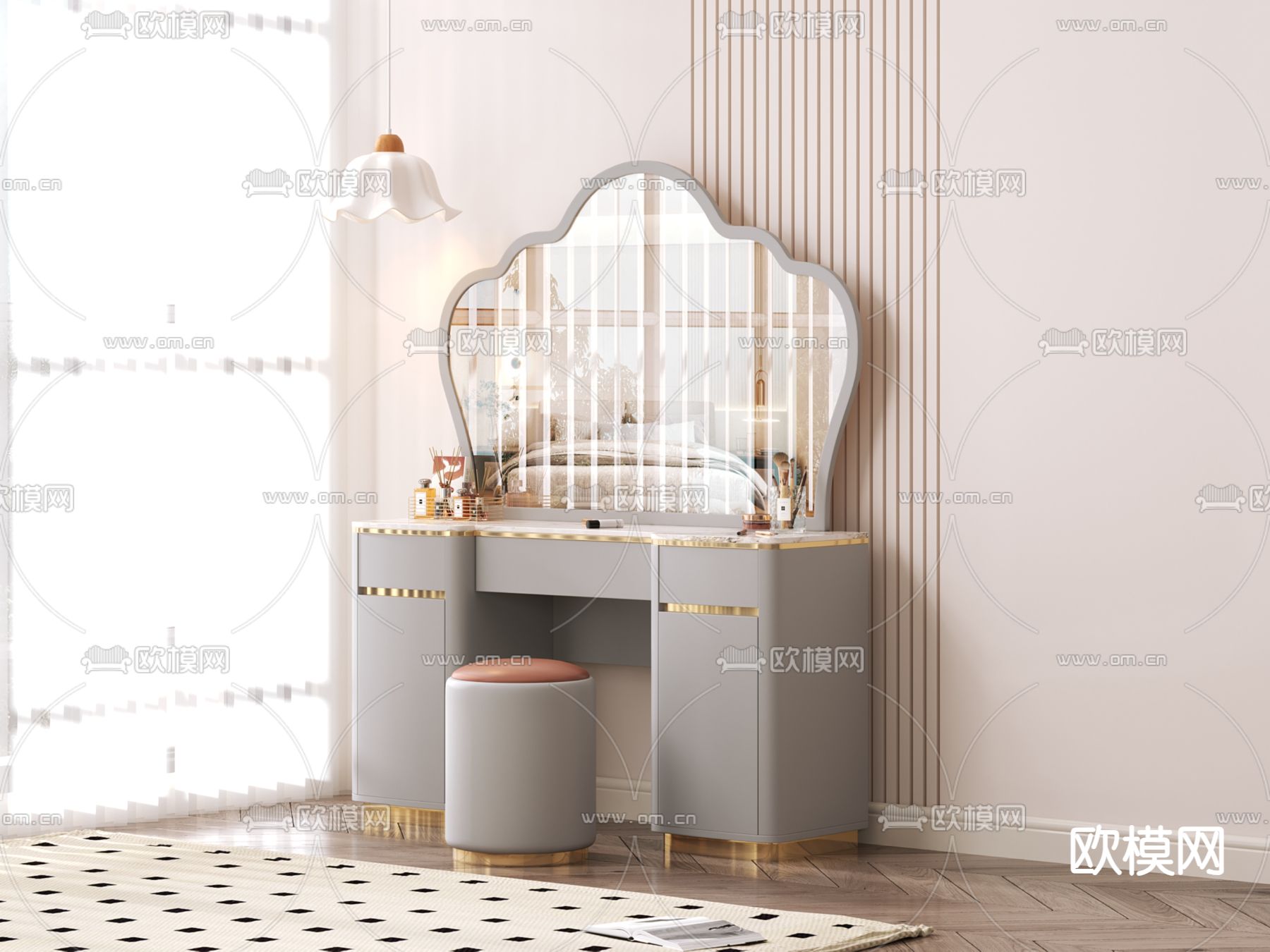 简欧化妆桌 梳妆台3d模型下载（渲染图1）