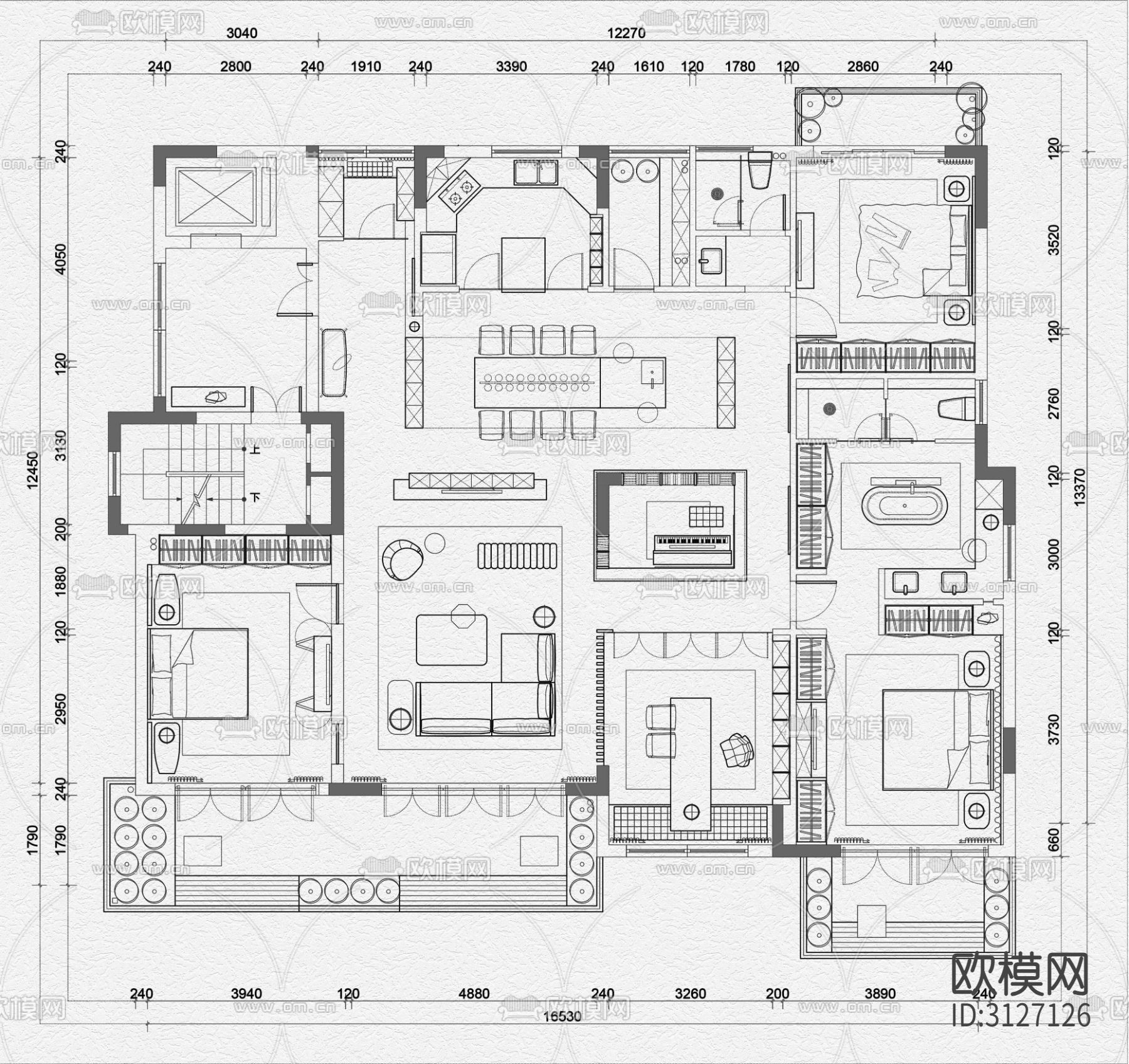 大平层  家居住宅cad平面图下载（渲染图1）