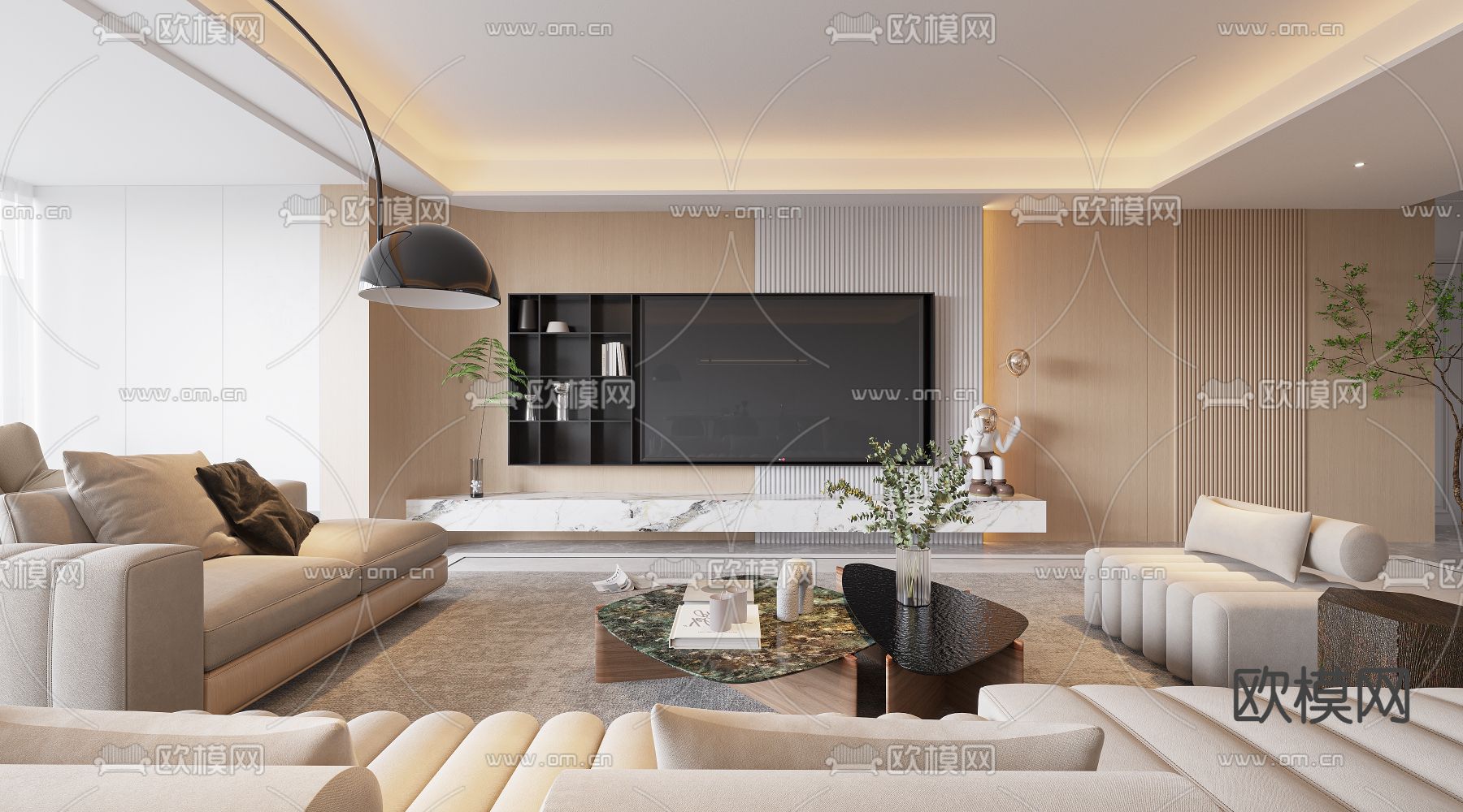 现代客餐厅 大理石餐桌3d模型下载（渲染图2）