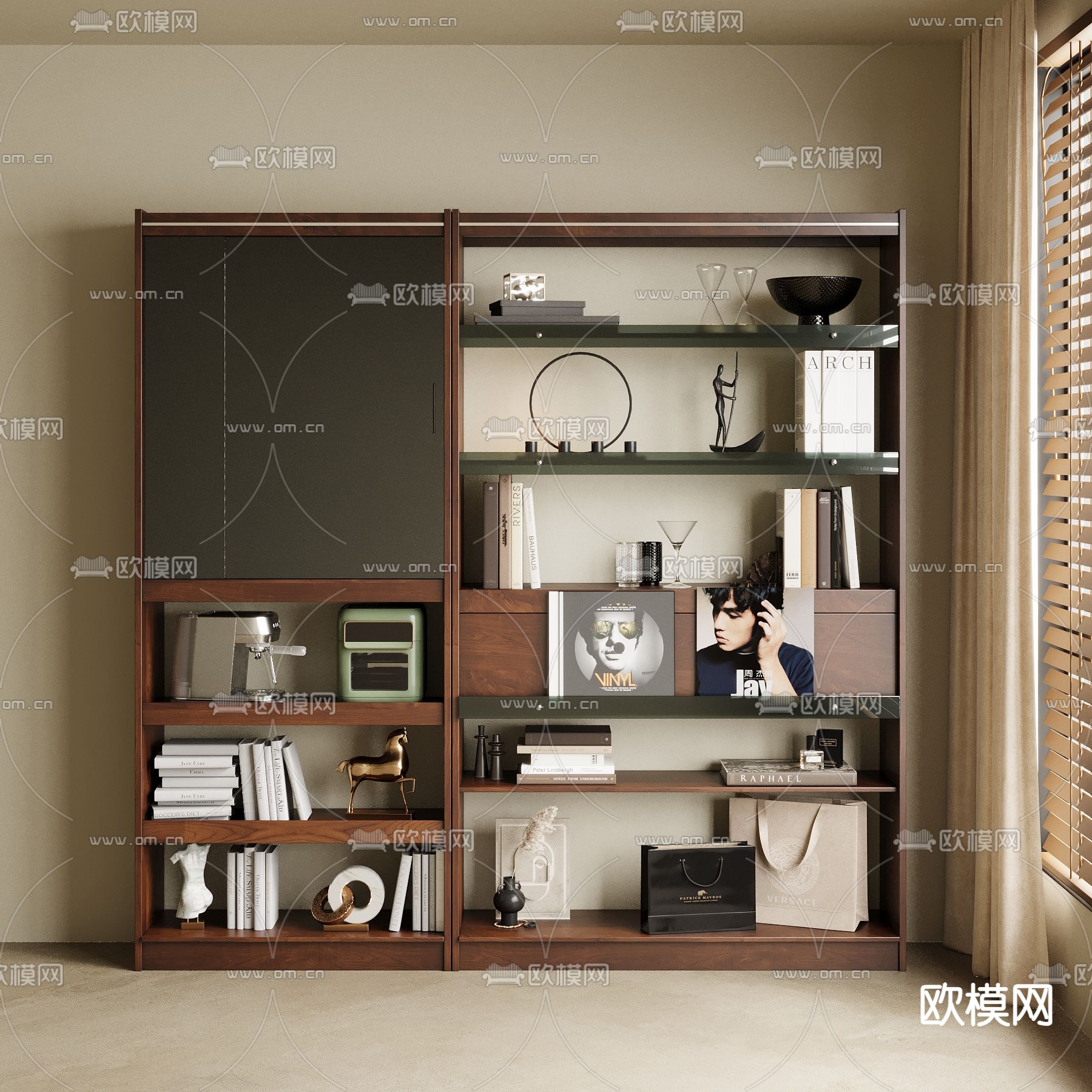 现代胡桃木书柜 书架su模型下载（渲染图2）