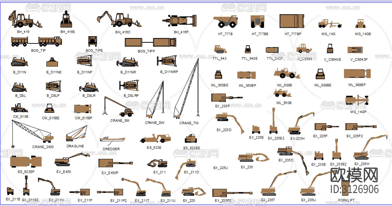 起重机 挖掘机 车型cad图库下载（渲染图1）