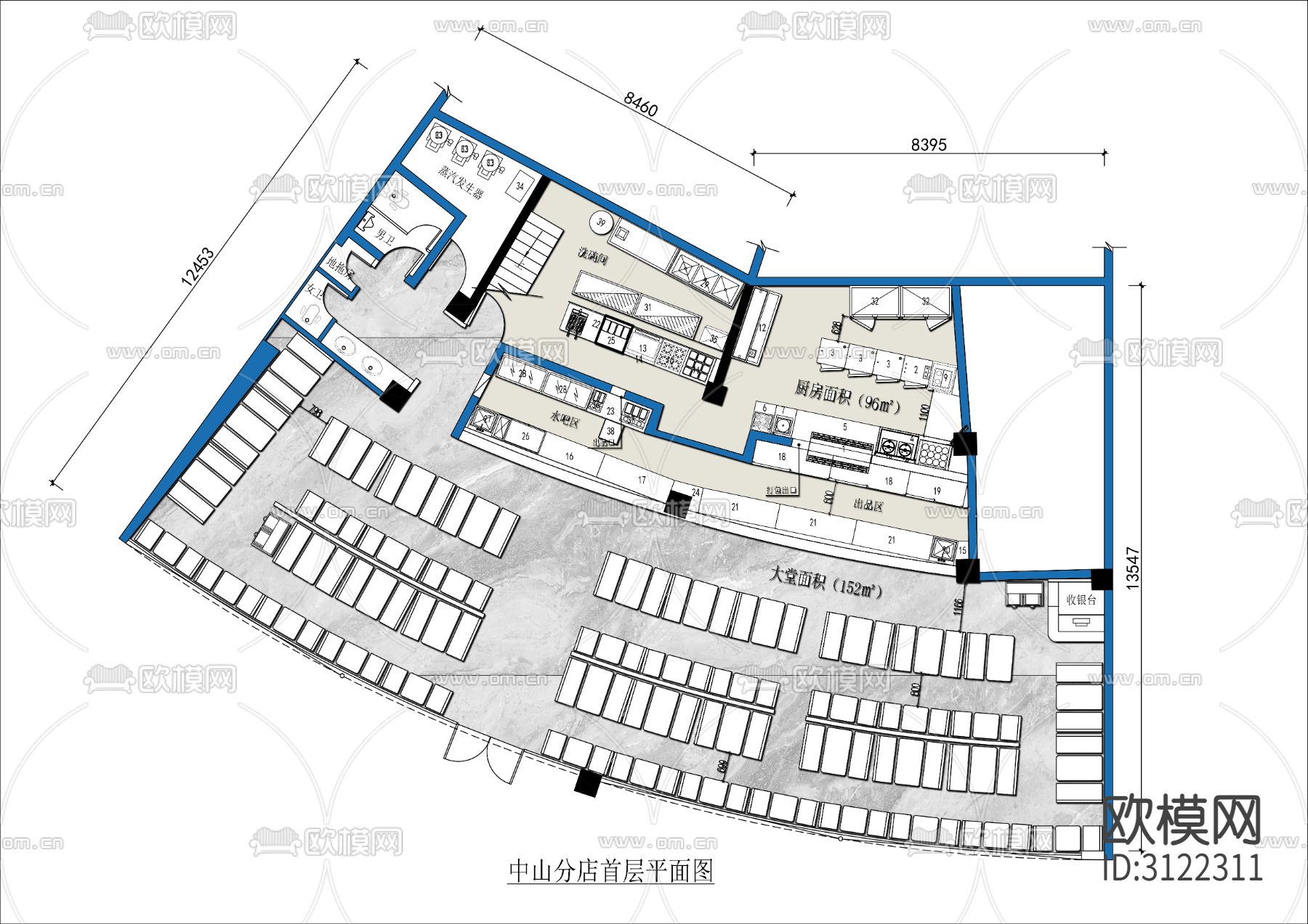 自助餐厅 餐厅cad平面图下载（渲染图2）