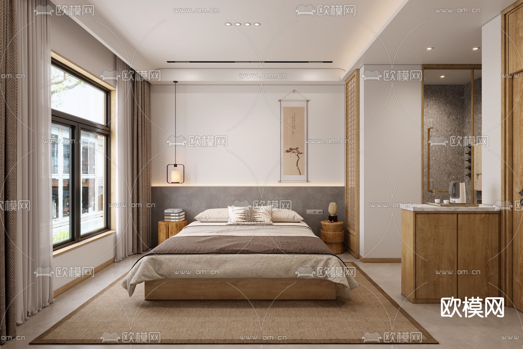 新中式民宿 大床房3d模型下载