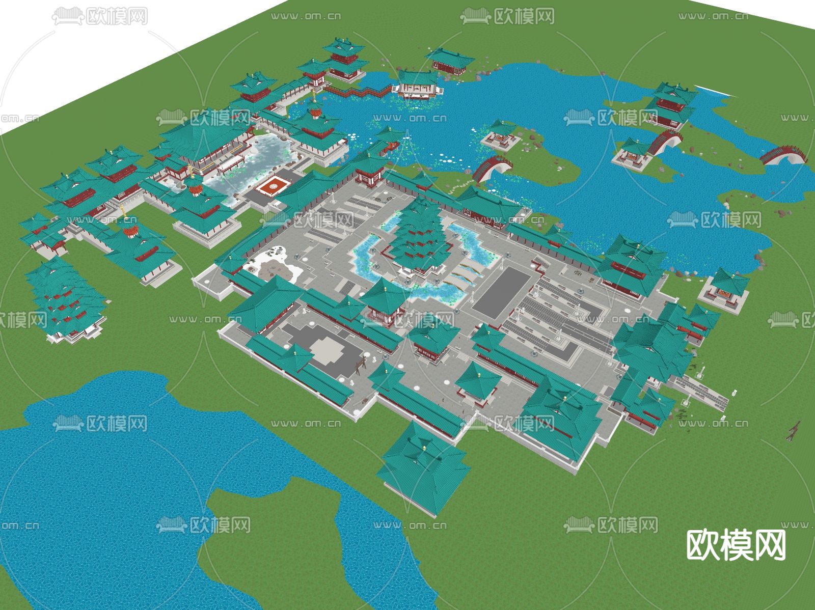 中式古建筑群su模型下载（渲染图1）