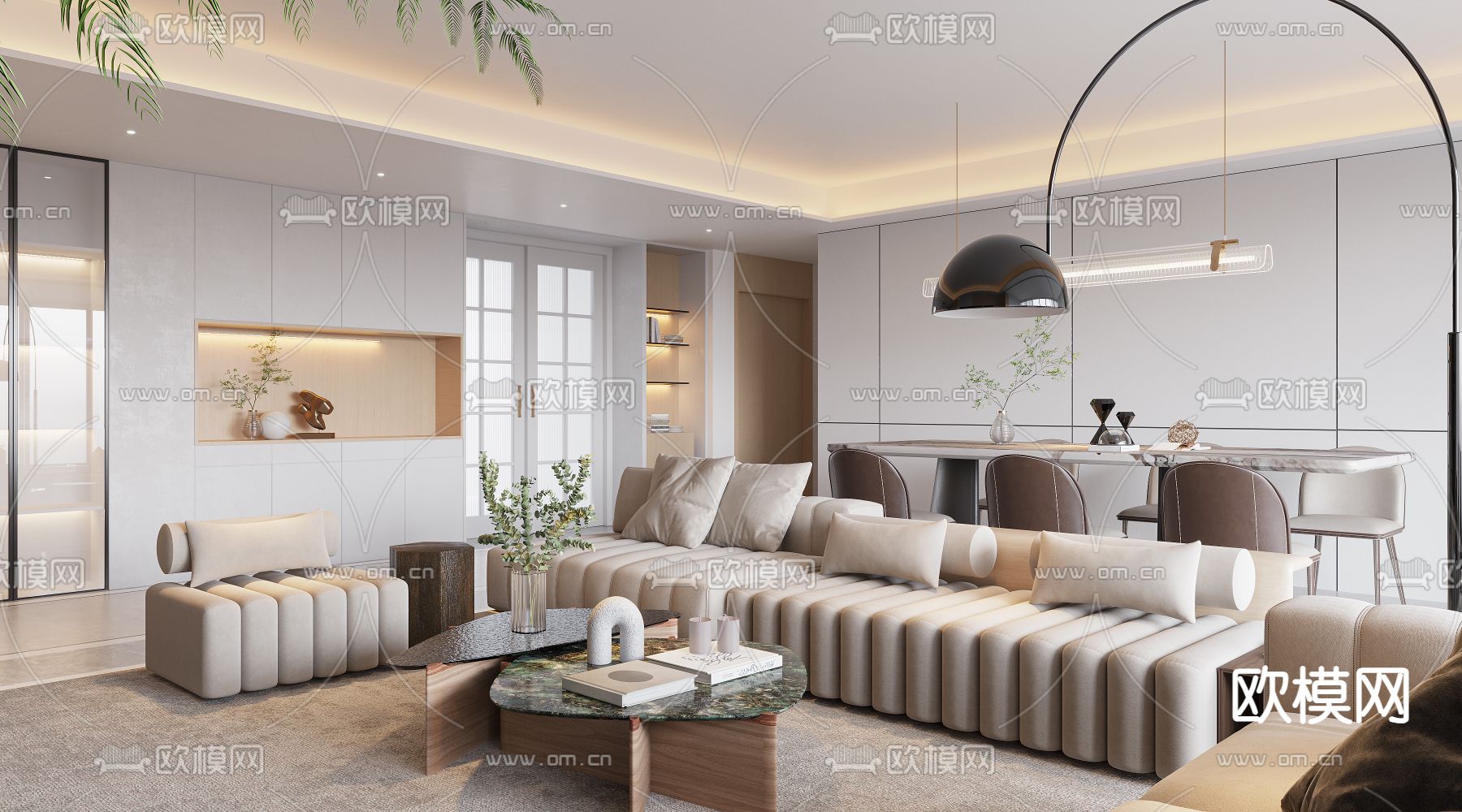 现代客餐厅 大理石餐桌3d模型下载（渲染图1）