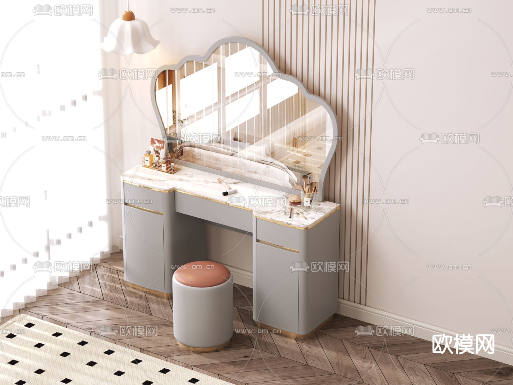 简欧化妆桌 梳妆台3d模型下载（渲染图2）