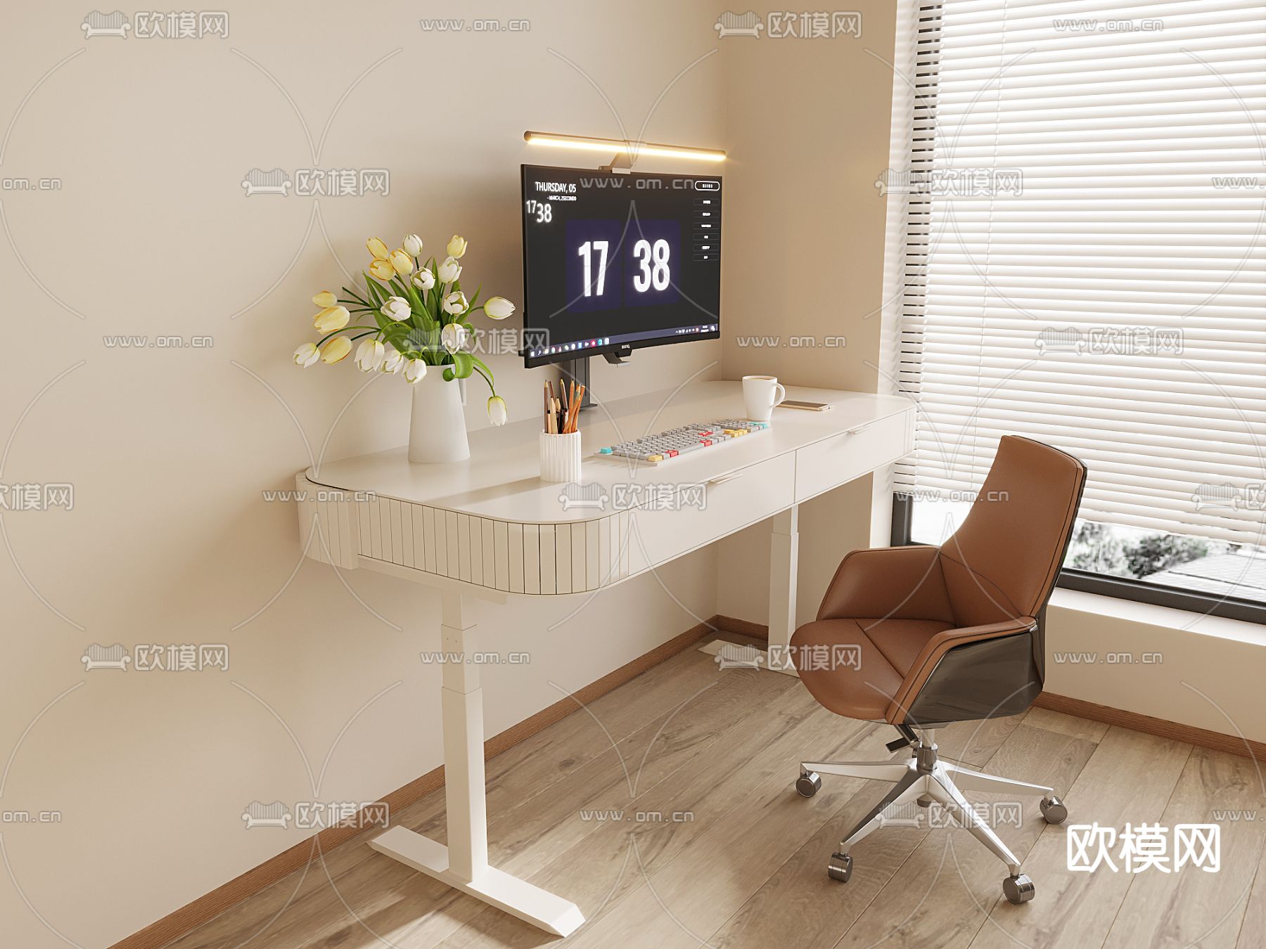 奶油风书桌椅 电脑桌3d模型下载