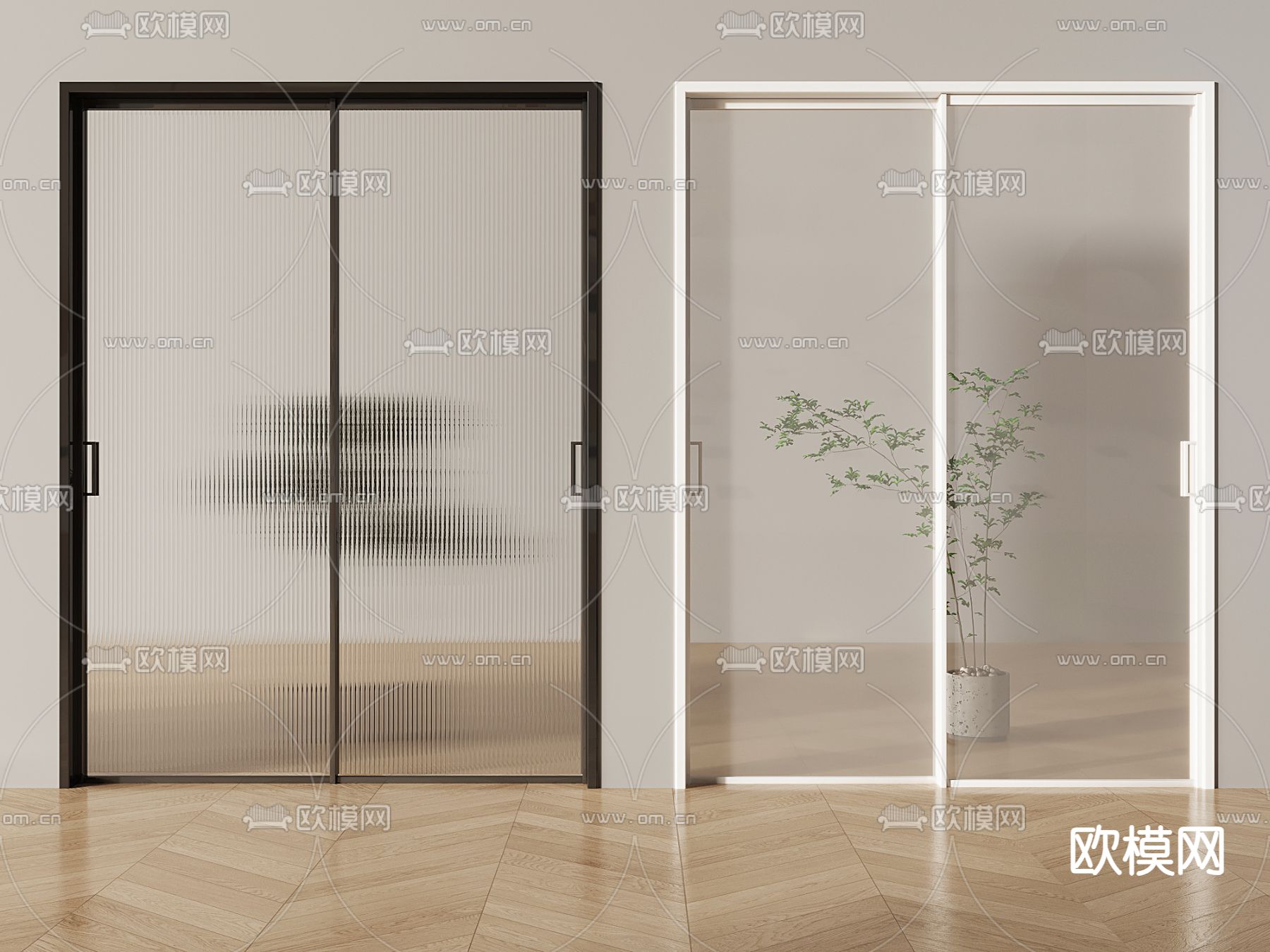 现代推拉门 玻璃门 滑门su模型下载（渲染图2）