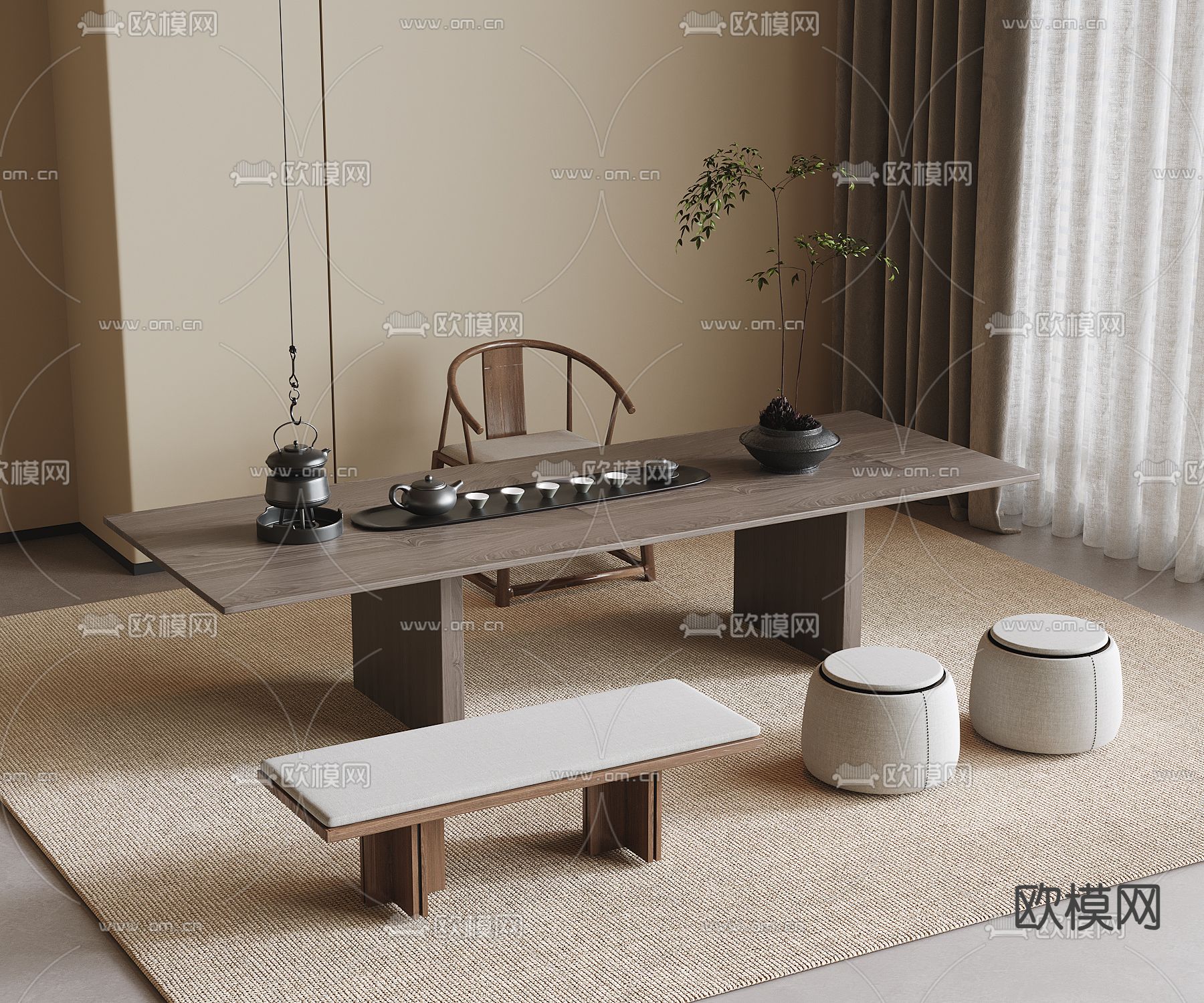 新中式茶桌椅 茶台3d模型下载