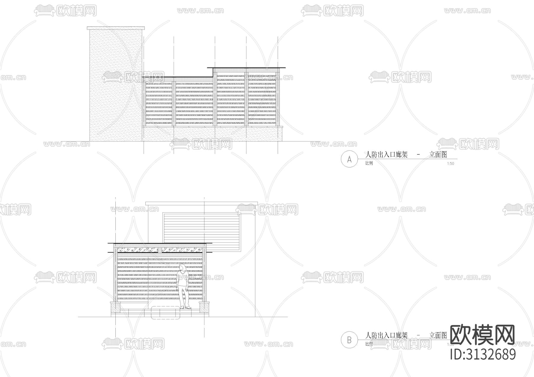 人防出入口廊架cad大样图下载（渲染图2）