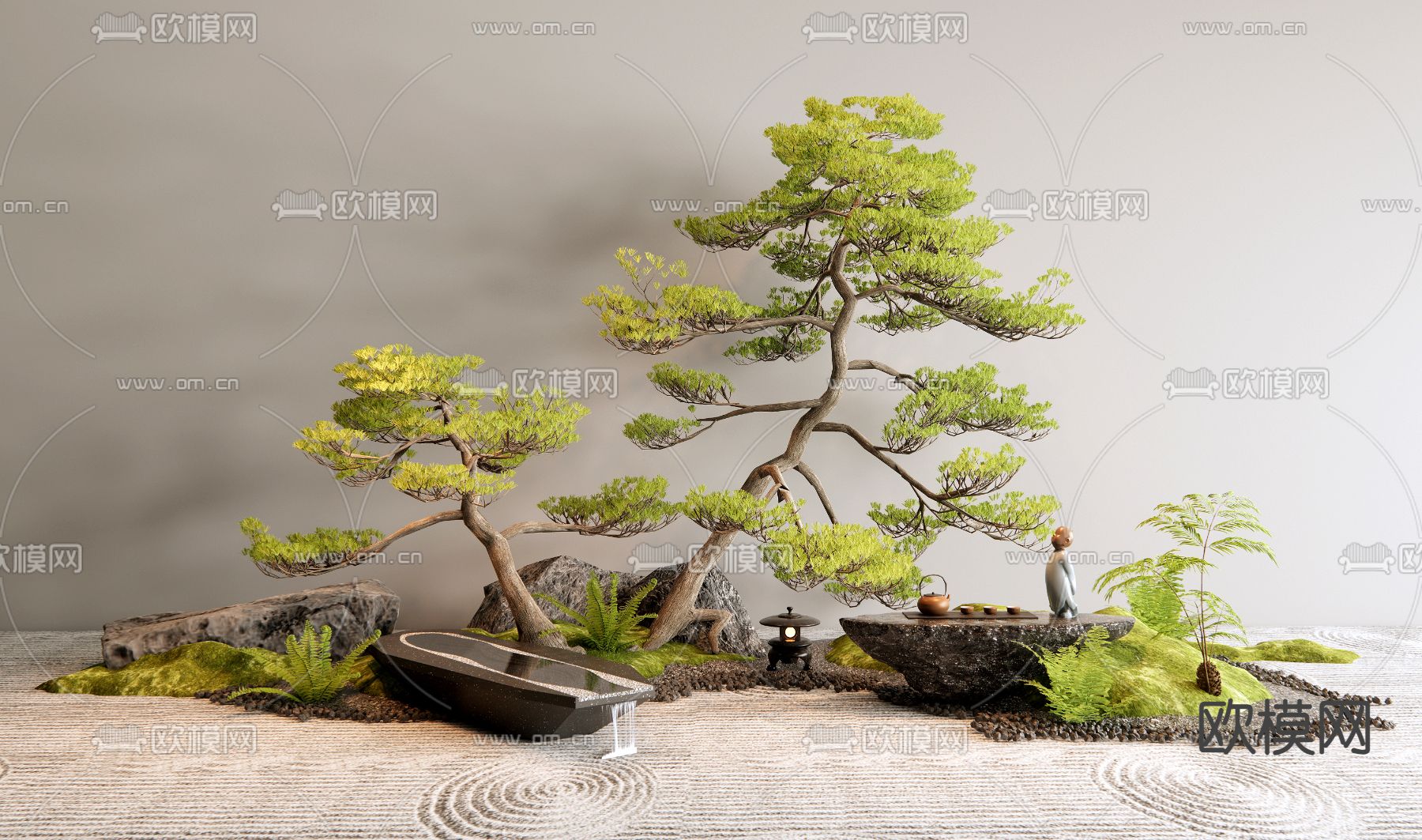 景观小品 松树造景 流水台3d模型下载