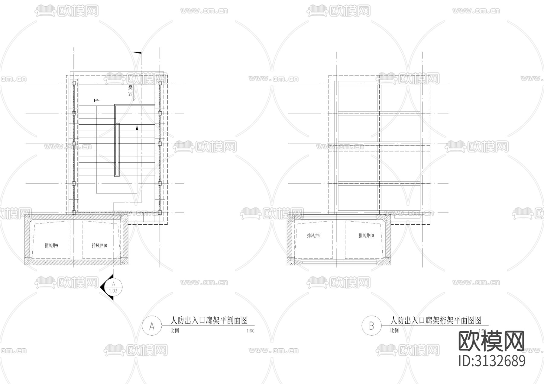 人防出入口廊架cad大样图下载（渲染图3）